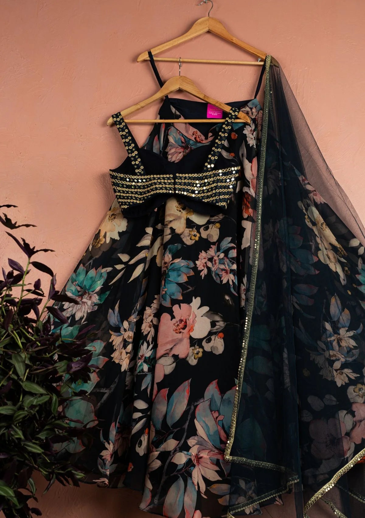 Midnight Blue Floral Blossom Lehenga with Gold & Blue Mirror Work Blouse Set
