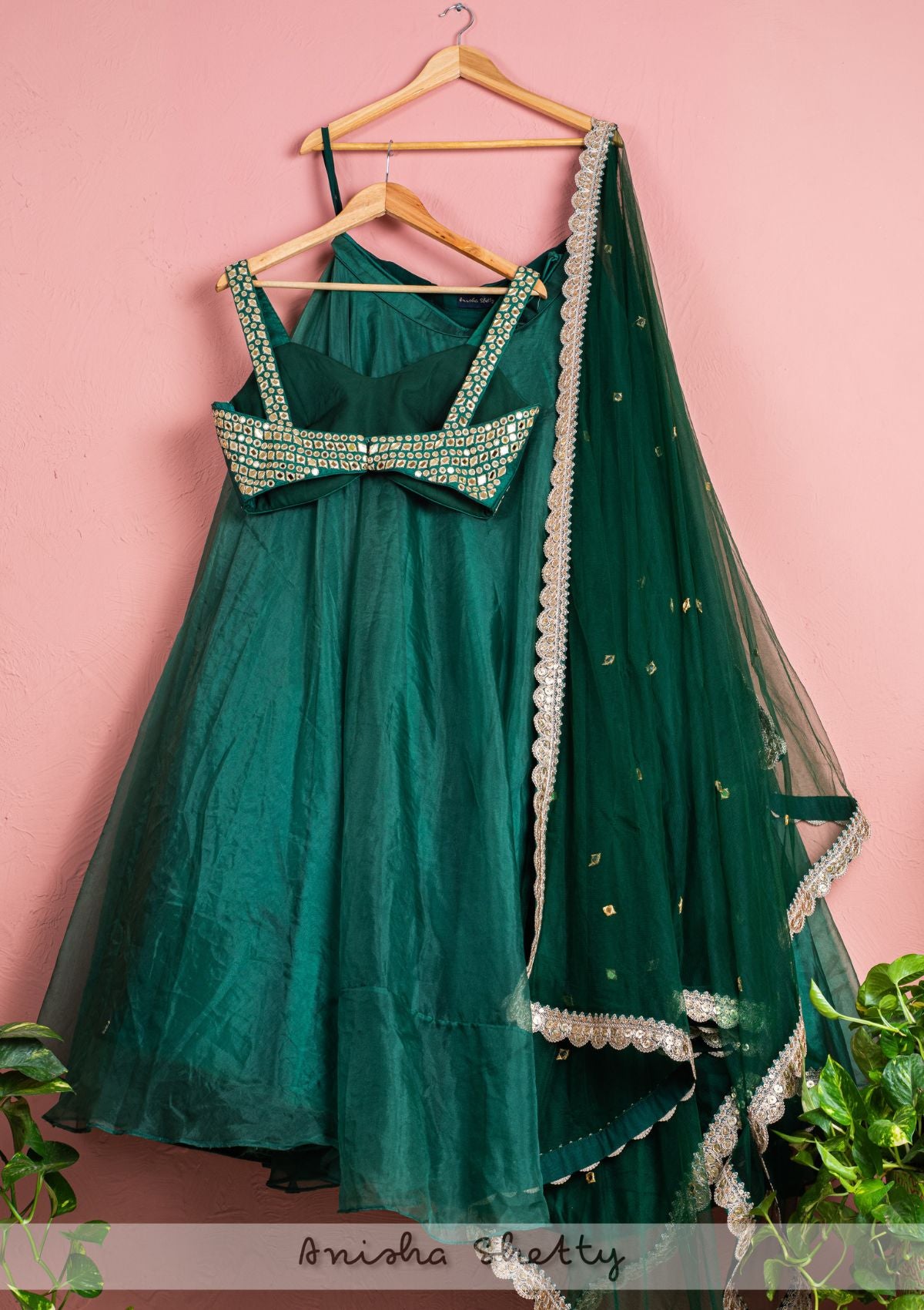 Forest Green Mirror Blouse With Plain Lehenga & Dupatta