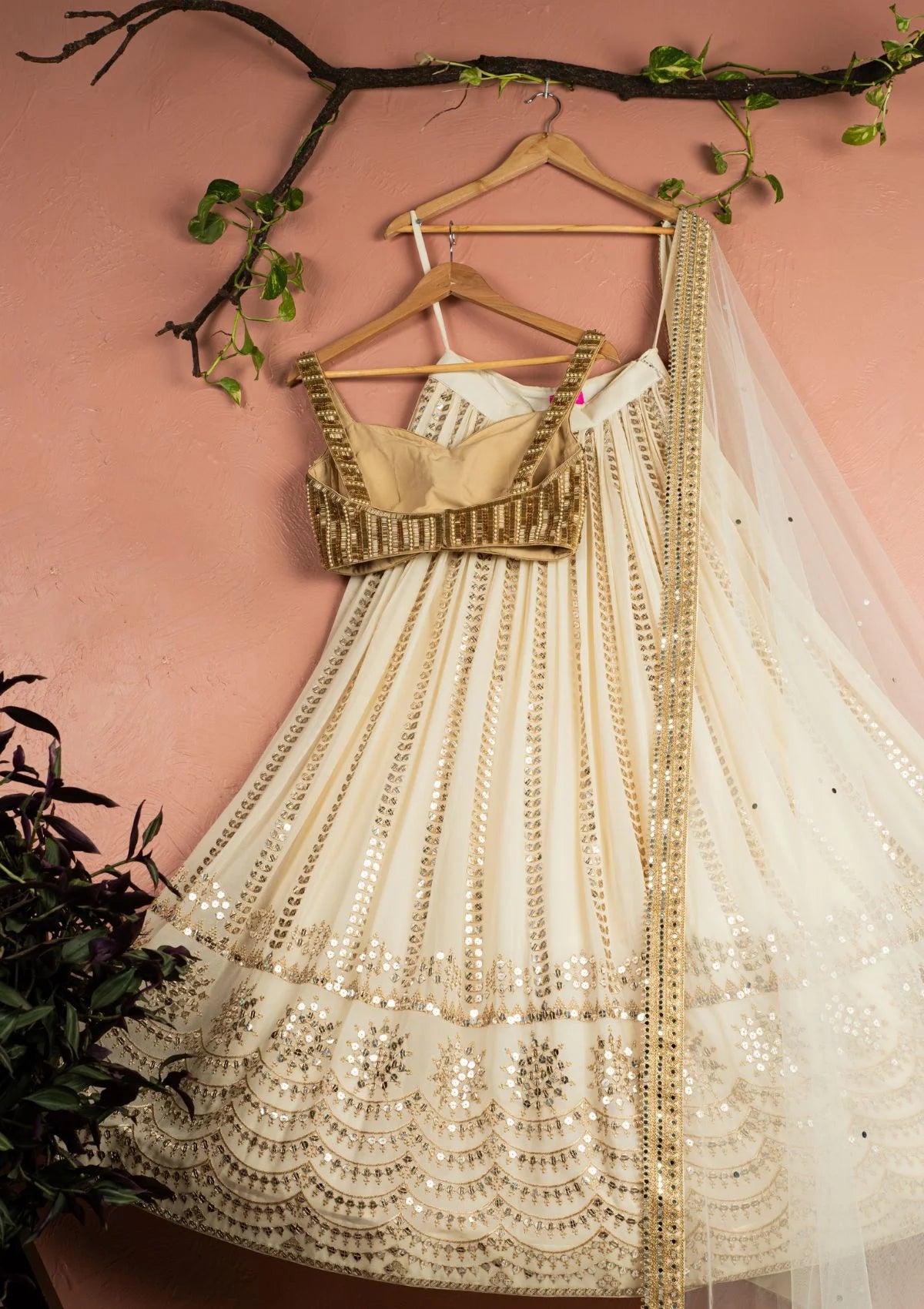 Ivory Sequin Starlight Lehenga with Gold Blouse & Ivory Dupatta