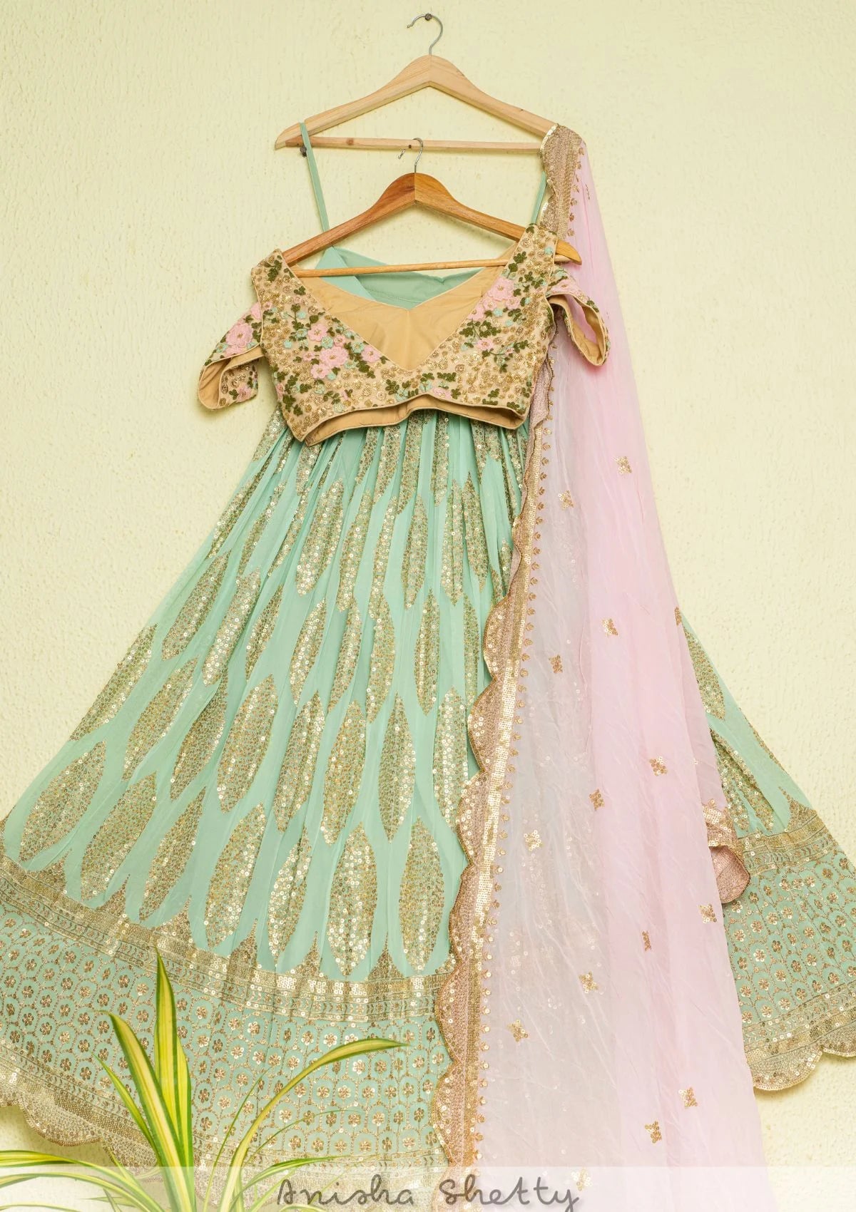 Mint Green Sequin Lehenga with Oyster Floral Blouse & Pink Dupatta