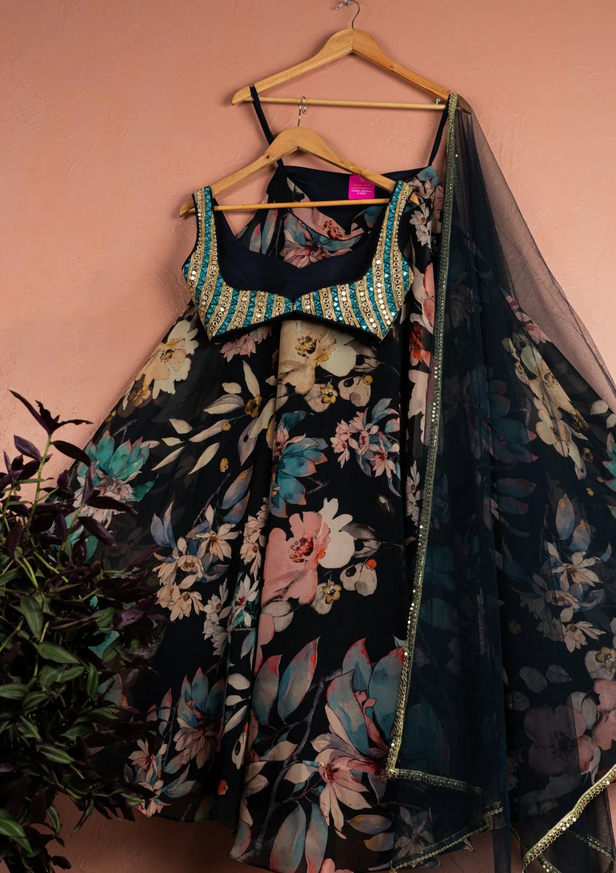Midnight Blue Floral Blossom Lehenga with Blue & Gold Mirrorwork Blouse Set