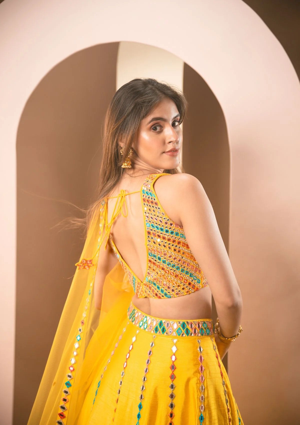 Sunshine Yellow Multicolor Thread & Mirrorwork Lehenga Set