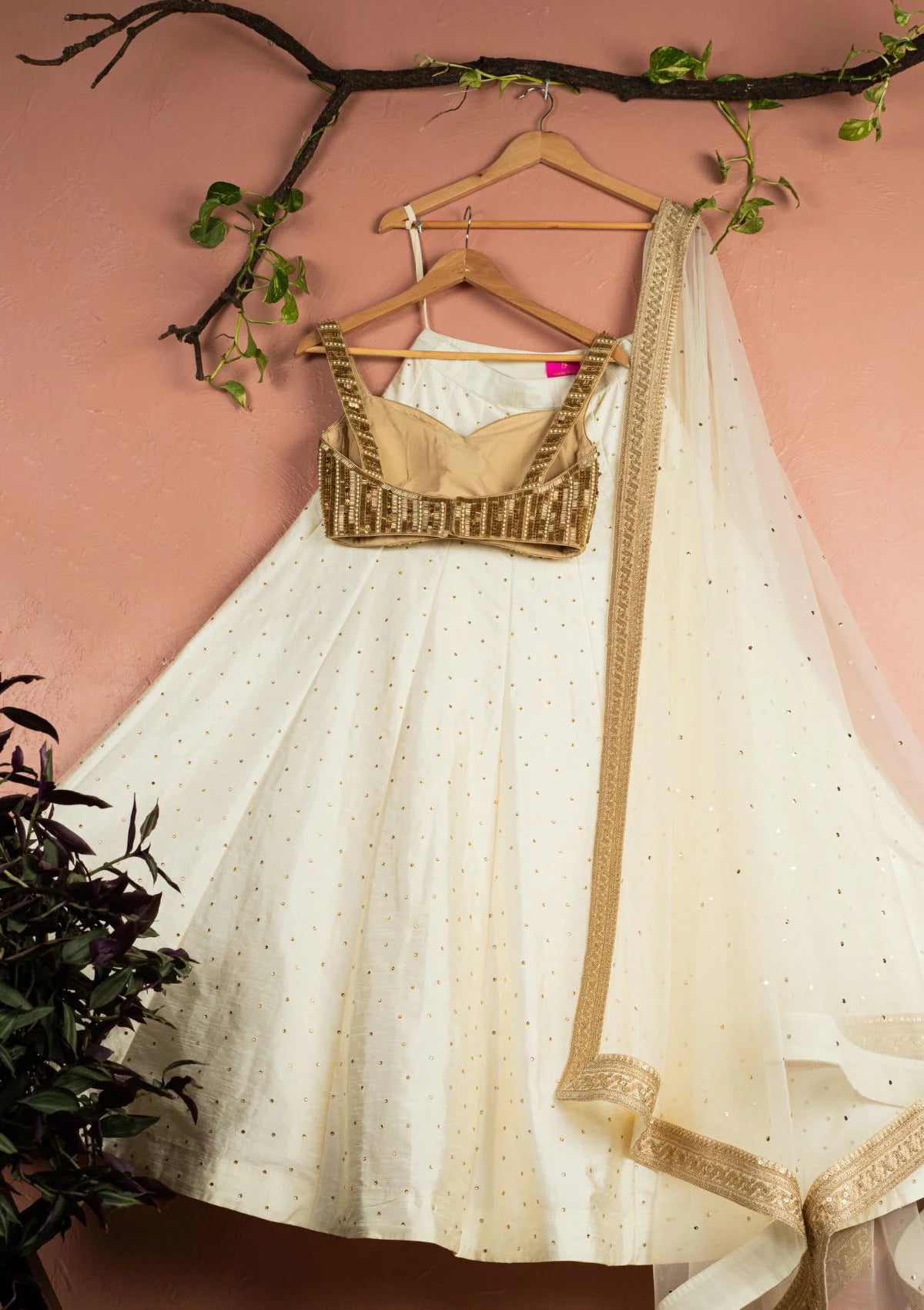 Ivory Stonework Lehenga with Gold Sequin Blouse Set