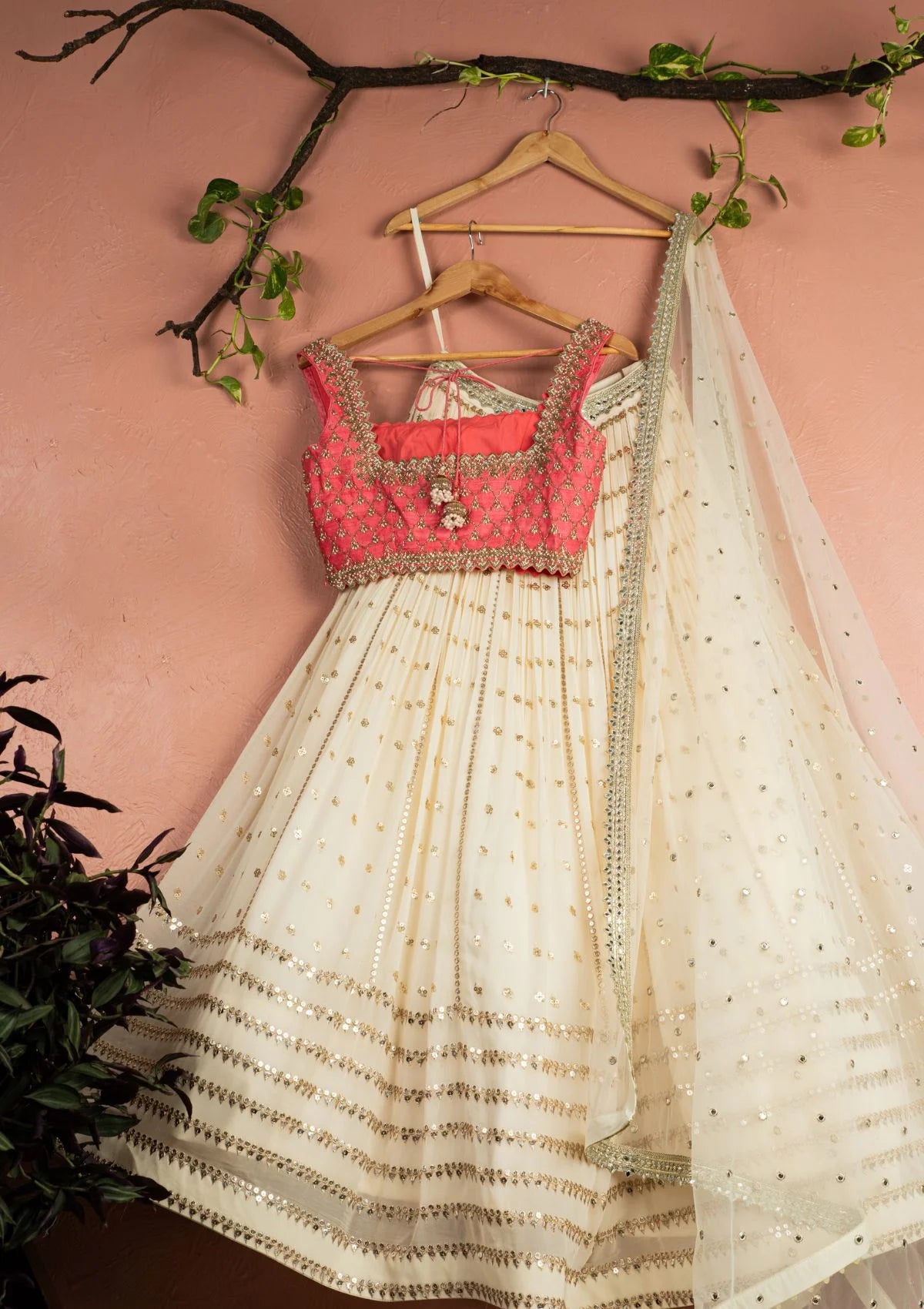 Ivory Radiant Sequin Lehenga with Pink Zardosi Blouse Set