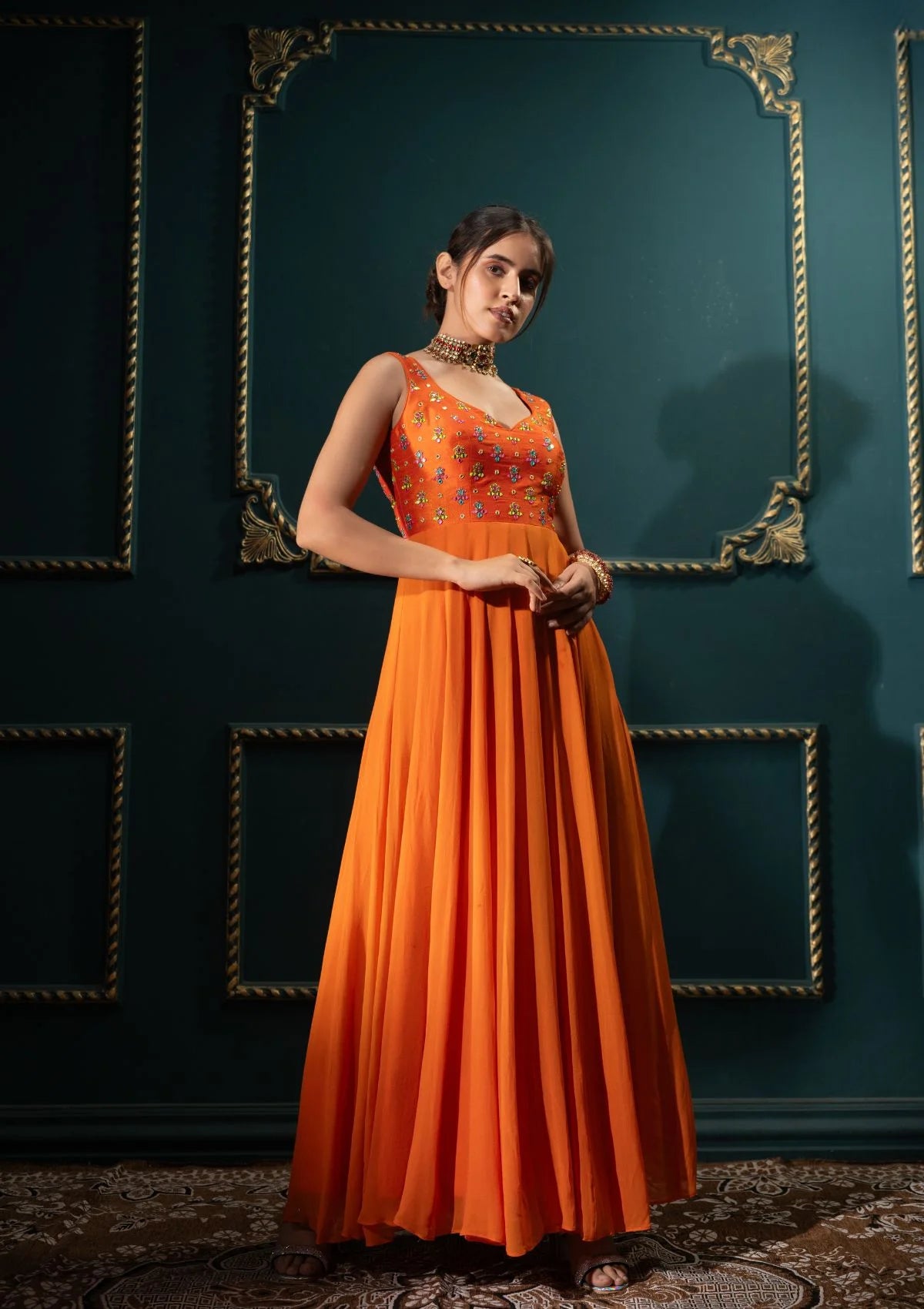 Orange Anarkali with Multicolor Work