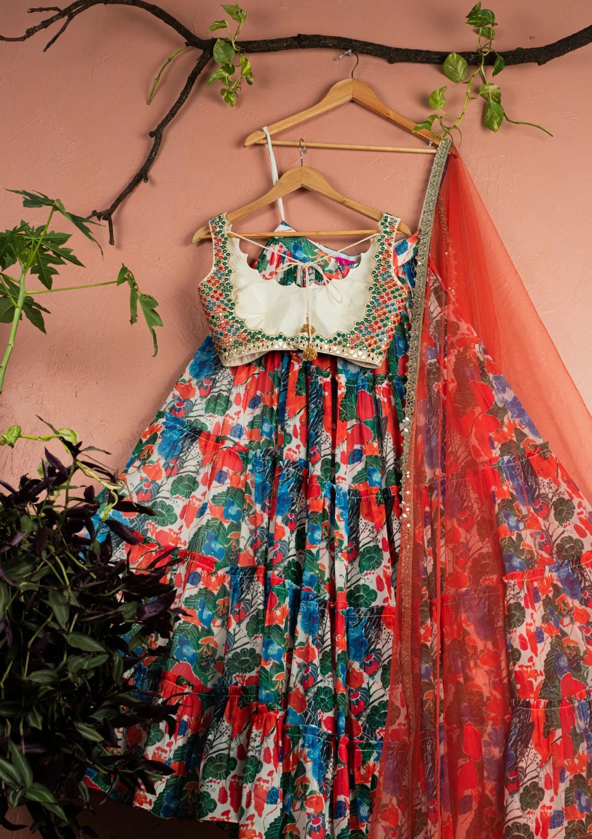 Floral Fiesta Layered Lehenga with Kaleidoscope Mirrorwork Blouse Set