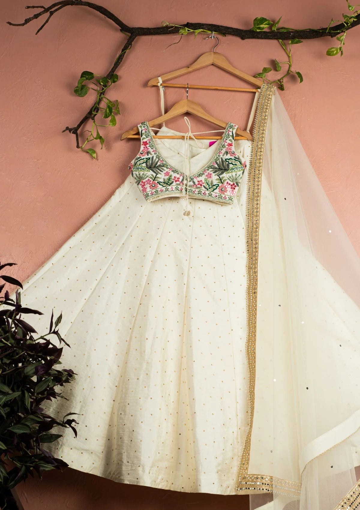 Tropical Bloom Blouse with Ivory Stonework Lehenga Set