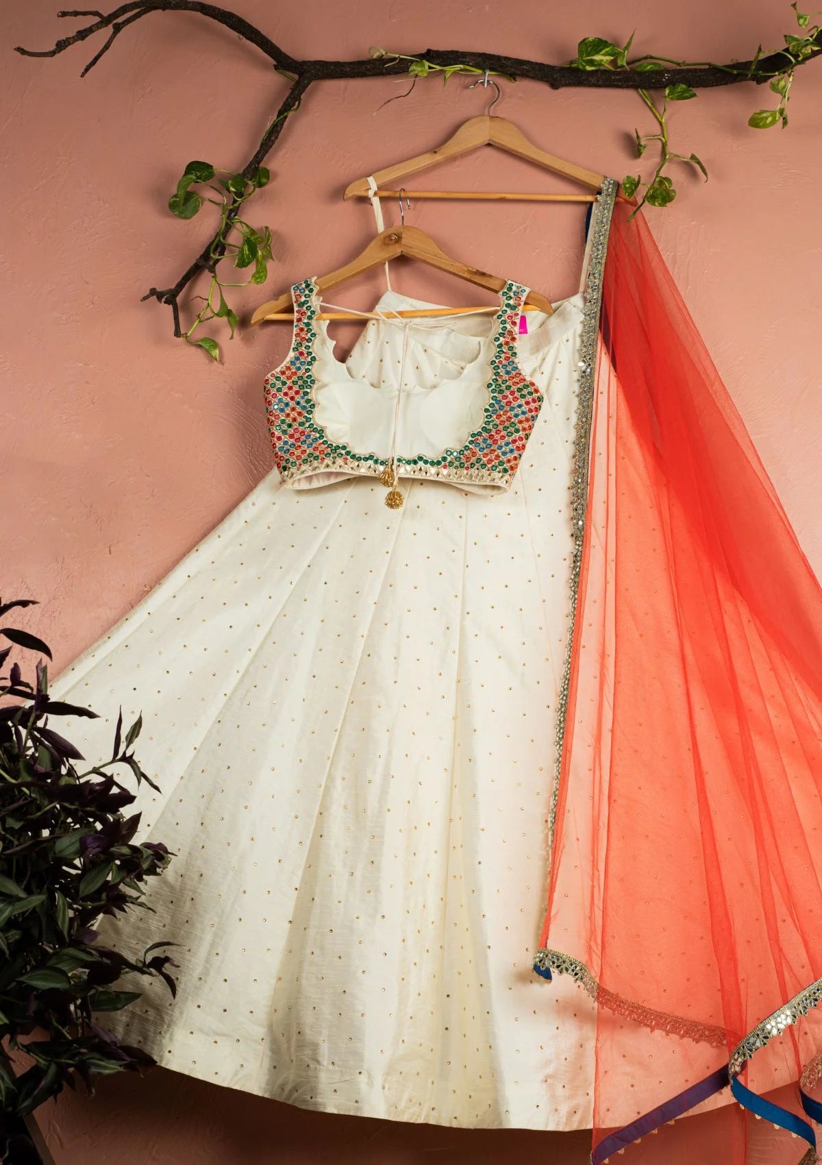 Ivory Kaleidoscope Dream Blouse with Ivory Stonework Lehenga & Red Dupatta