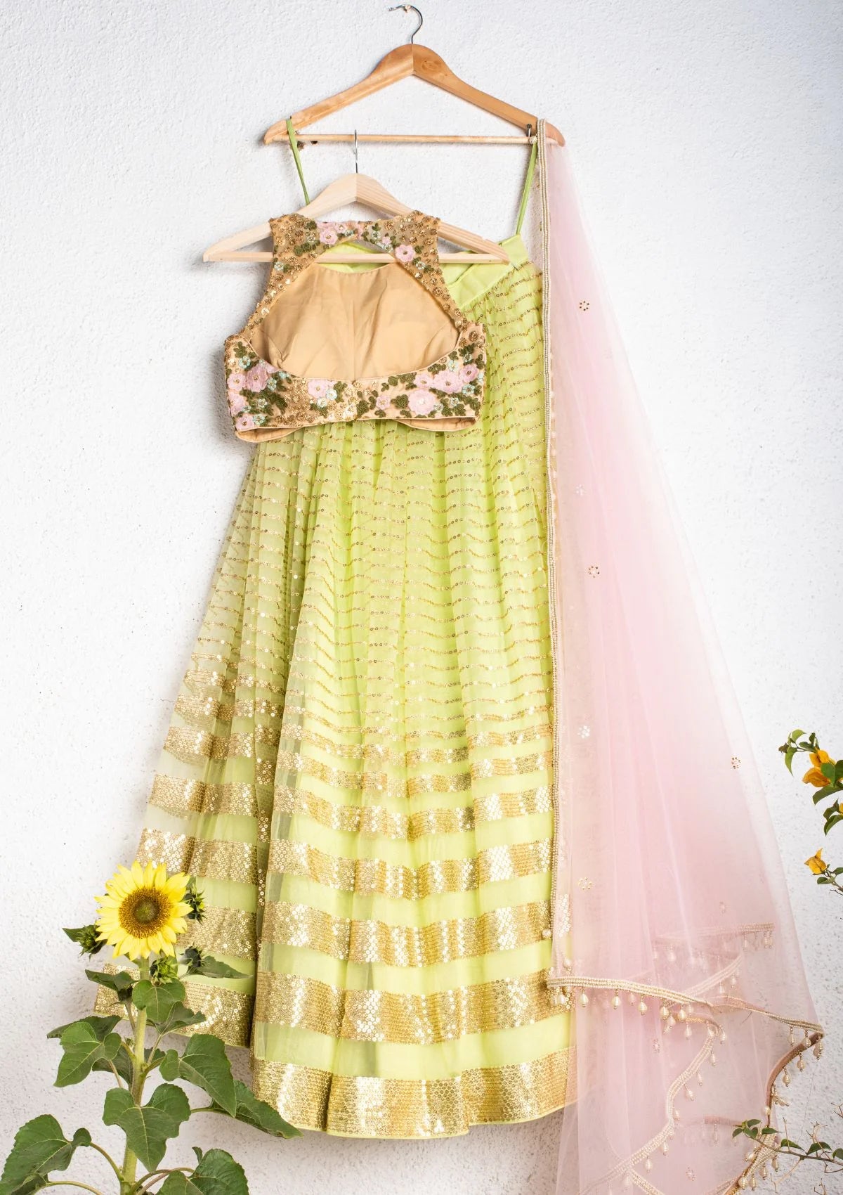 Lemon Green Lehenga With Oyster Floral Blouse & Pink Dupatta