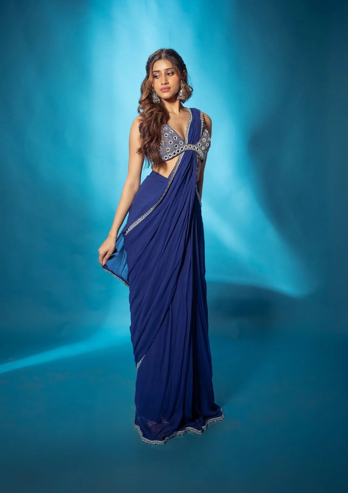 Blue Pre Stitched Saree with Mirror Work Blouse