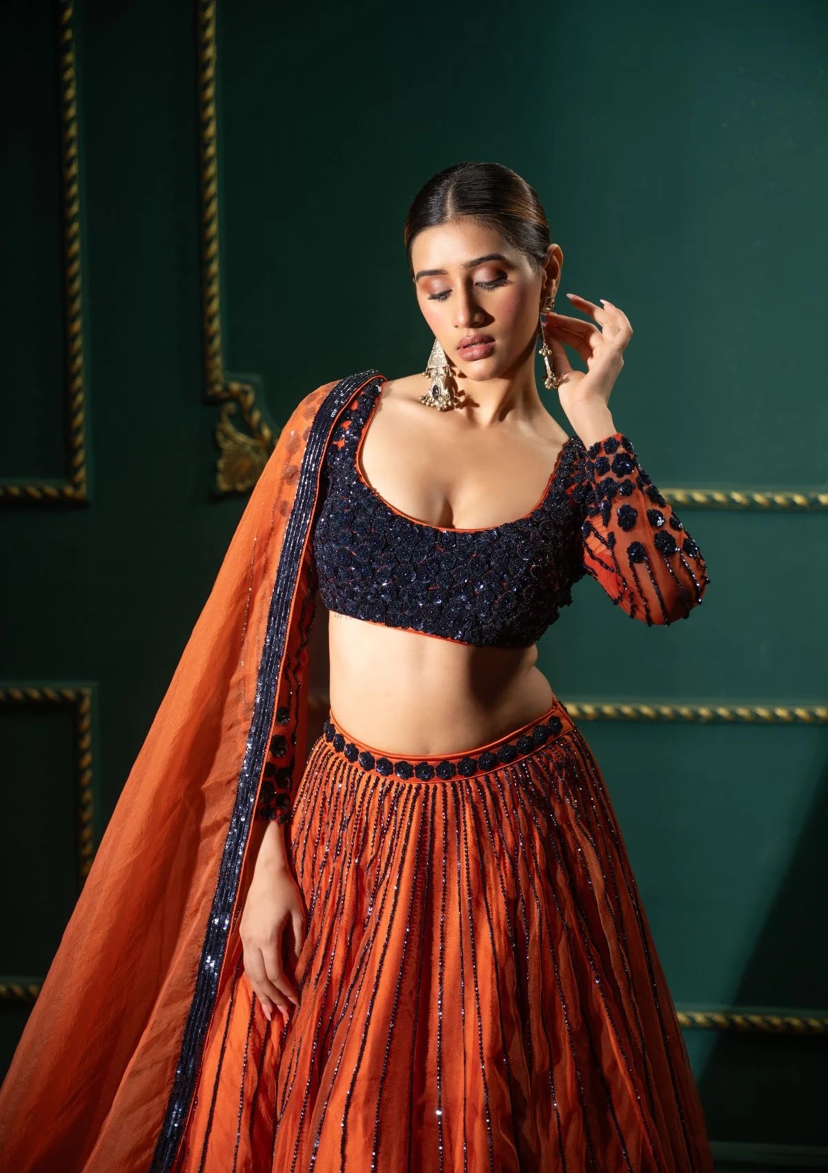 Rust Orange Sequin Lehenga Set
