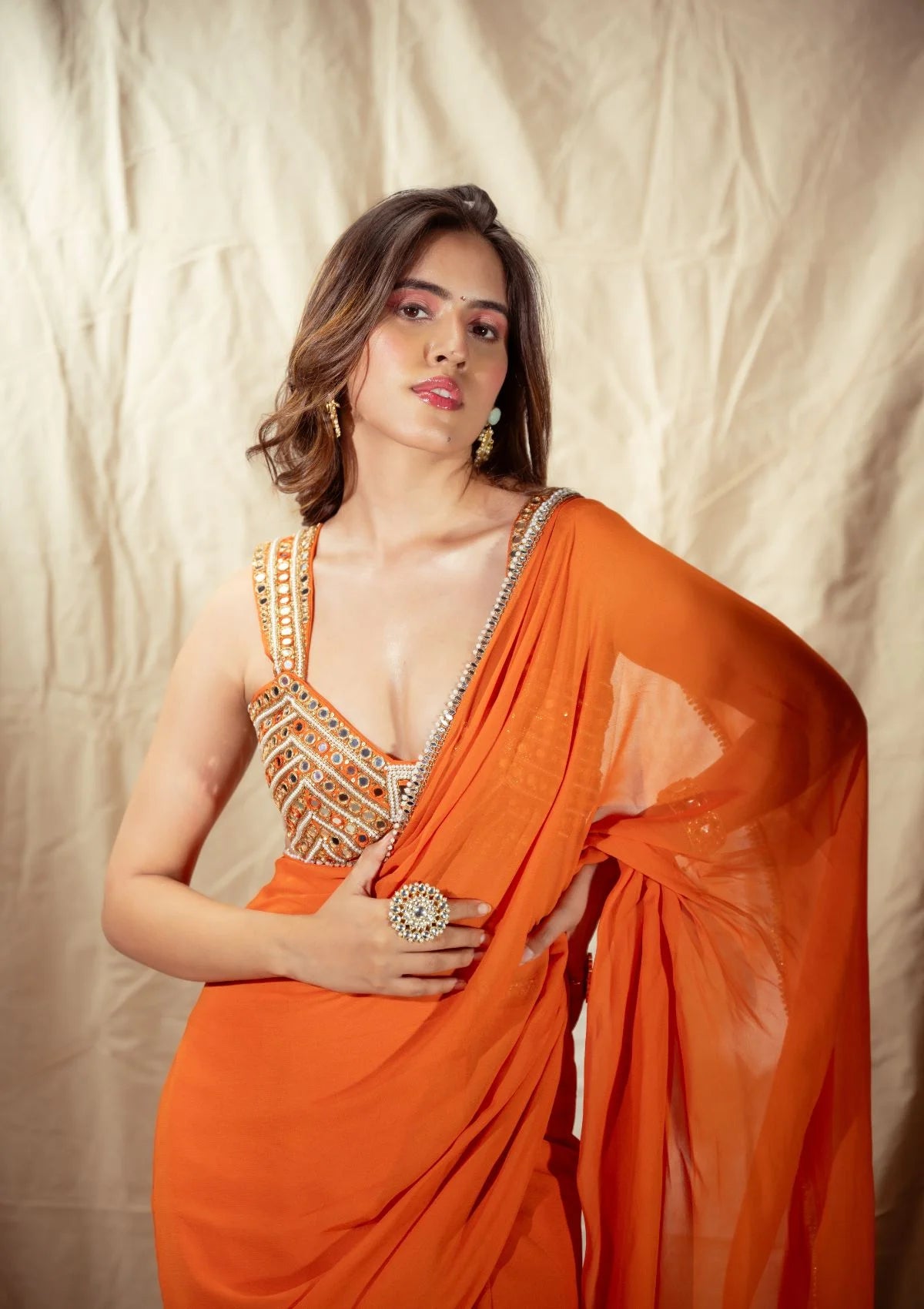Orange Prestitched Saree