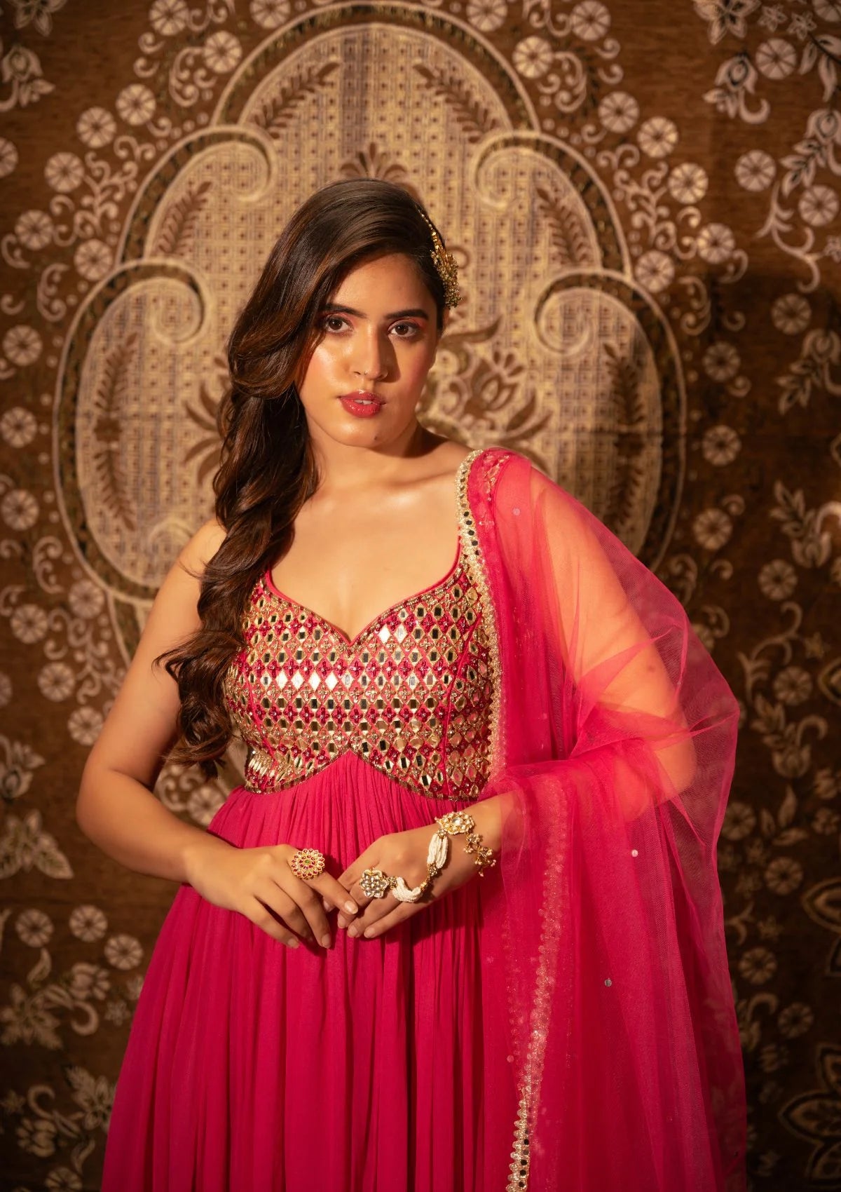 Raspberry Pink Mirrorwork Anarkali with Mirrorwork Dupatta