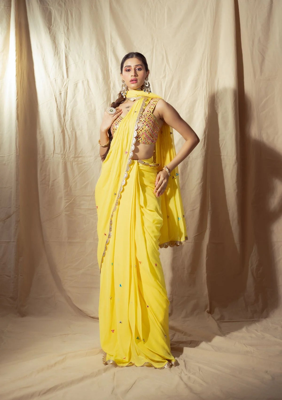 Yellow Prestitched Saree