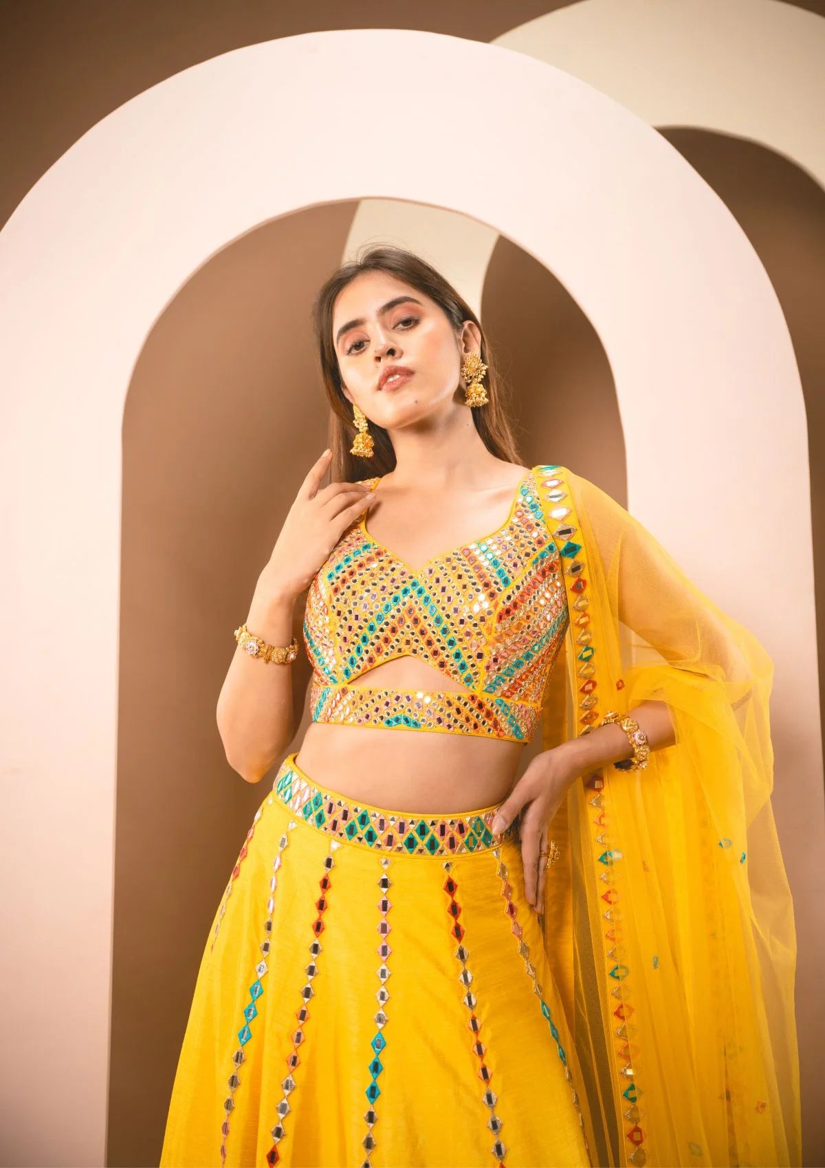 Sunshine Yellow Multicolor Thread & Mirrorwork Lehenga Set