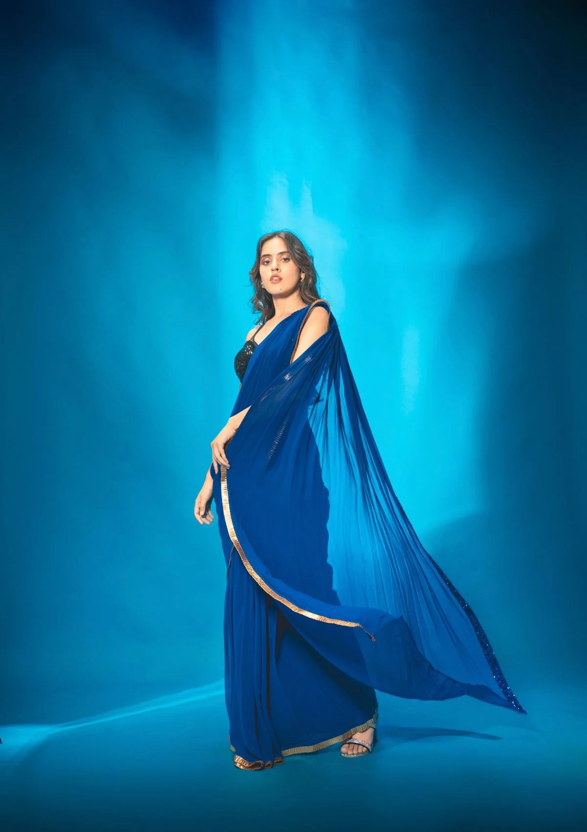 Blue Pre Stitched Saree with Black Sequin Blouse