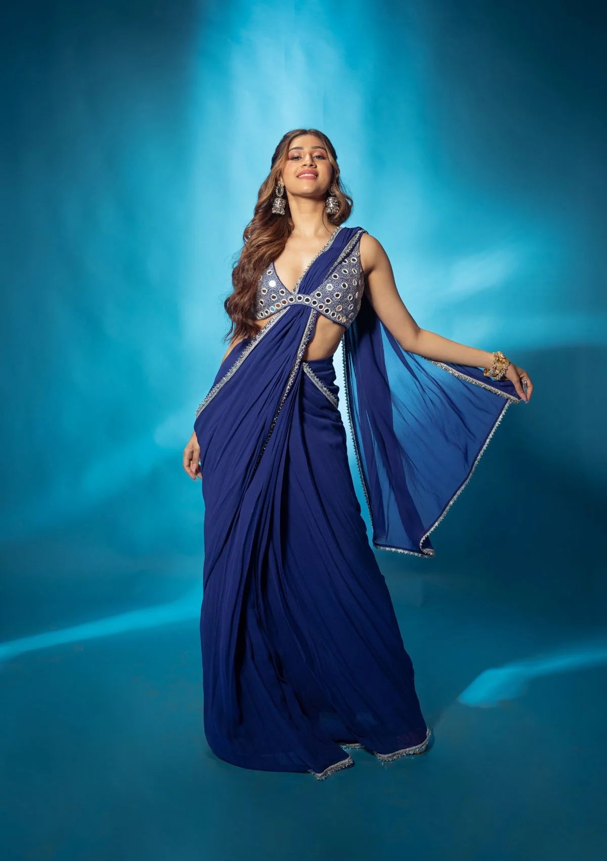 Blue Pre Stitched Saree with Mirror Work Blouse
