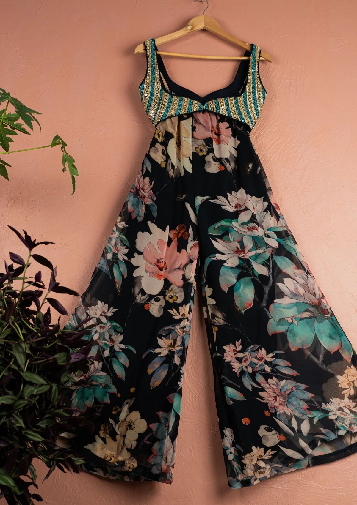 Midnight Blue Floral Blossom Palazzo Pant with Jacket Set