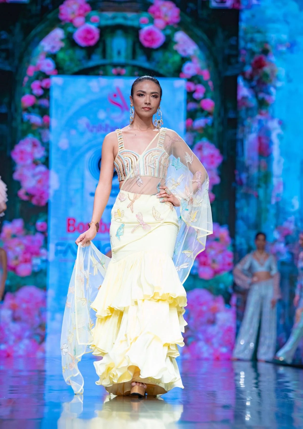Dragonfly Tiered Saree in Champagne Yellow