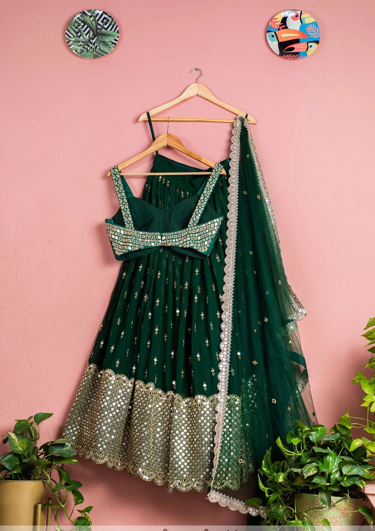 Forest Green Mirror Blouse With Abla Lehenga & Dupatta
