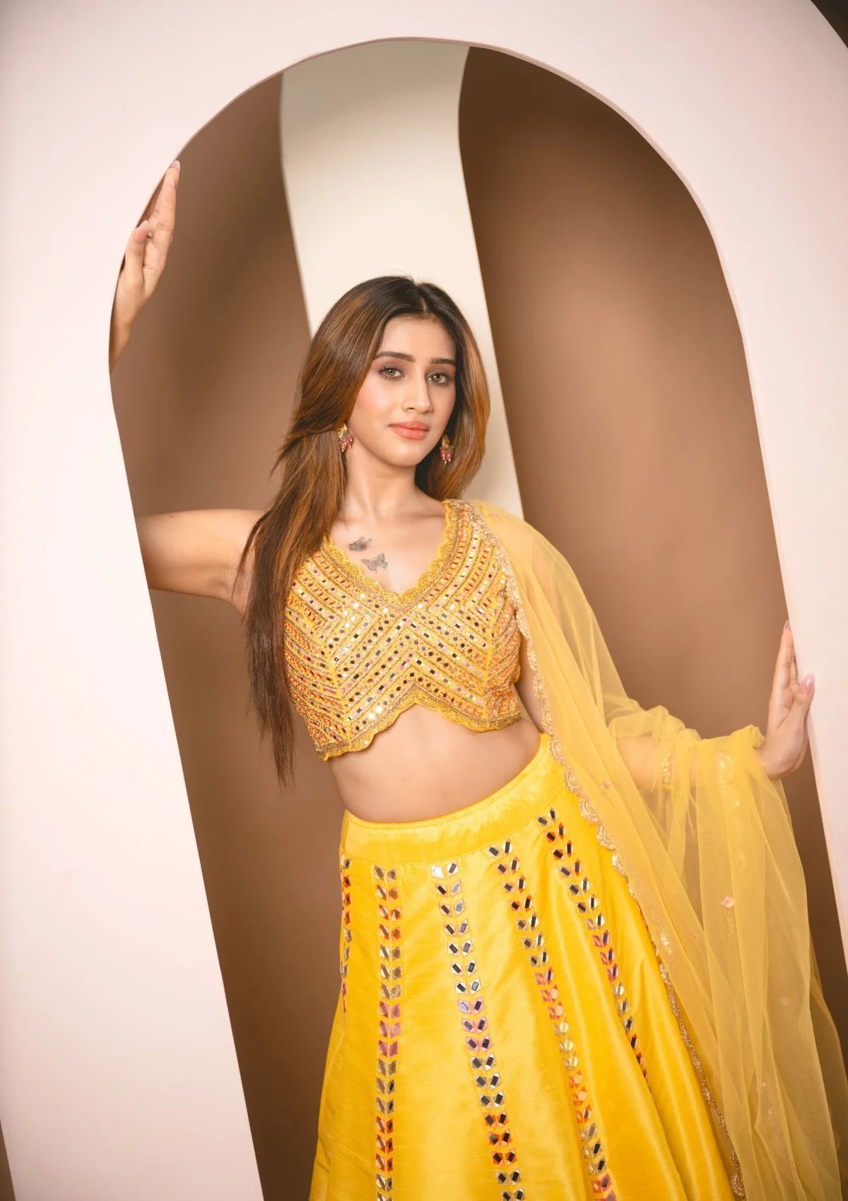 Sunflower Yellow Colored Mirrorwork Lehenga Set