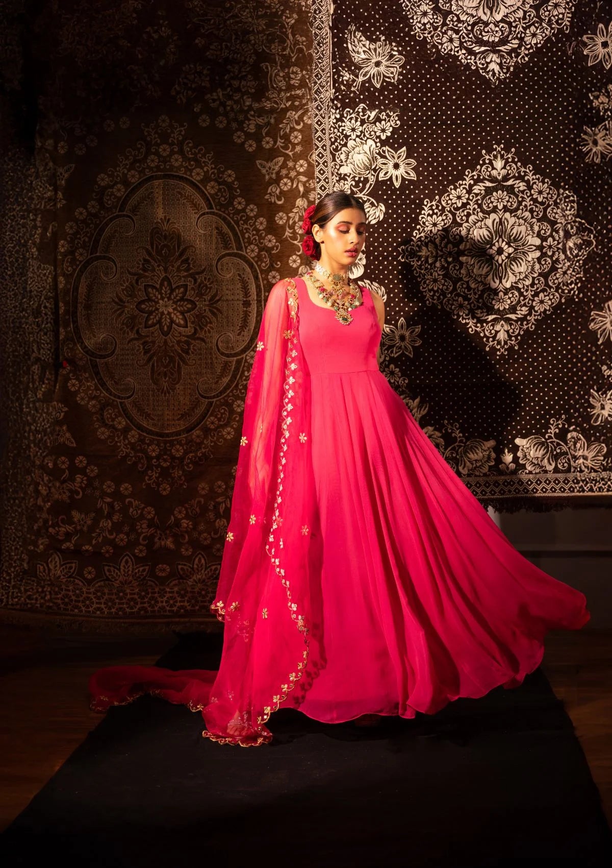 Raspberry Pink Anarkali with Scallop Gota & Mirrorwork Dupatta
