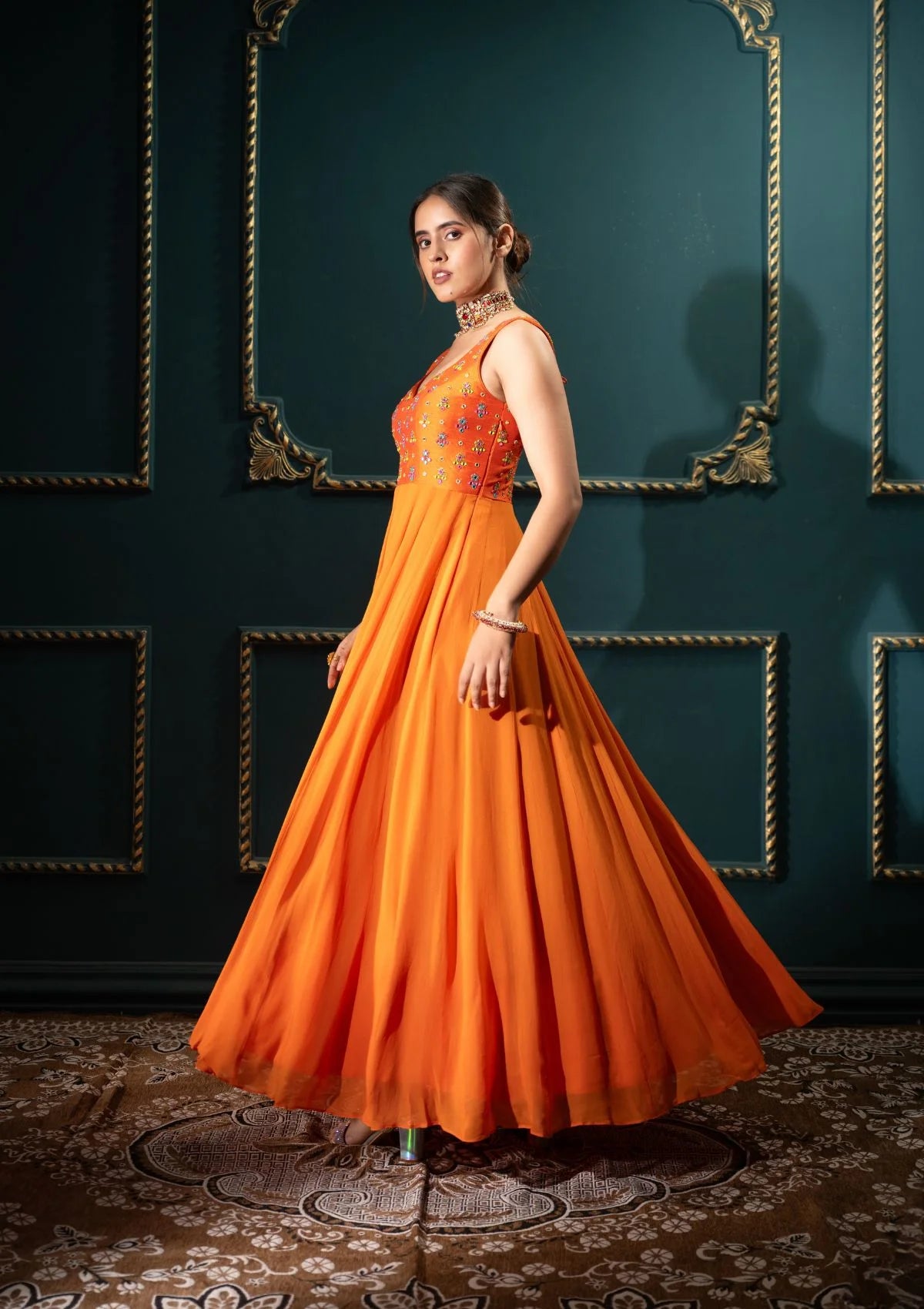 Orange Anarkali with Multicolor Work