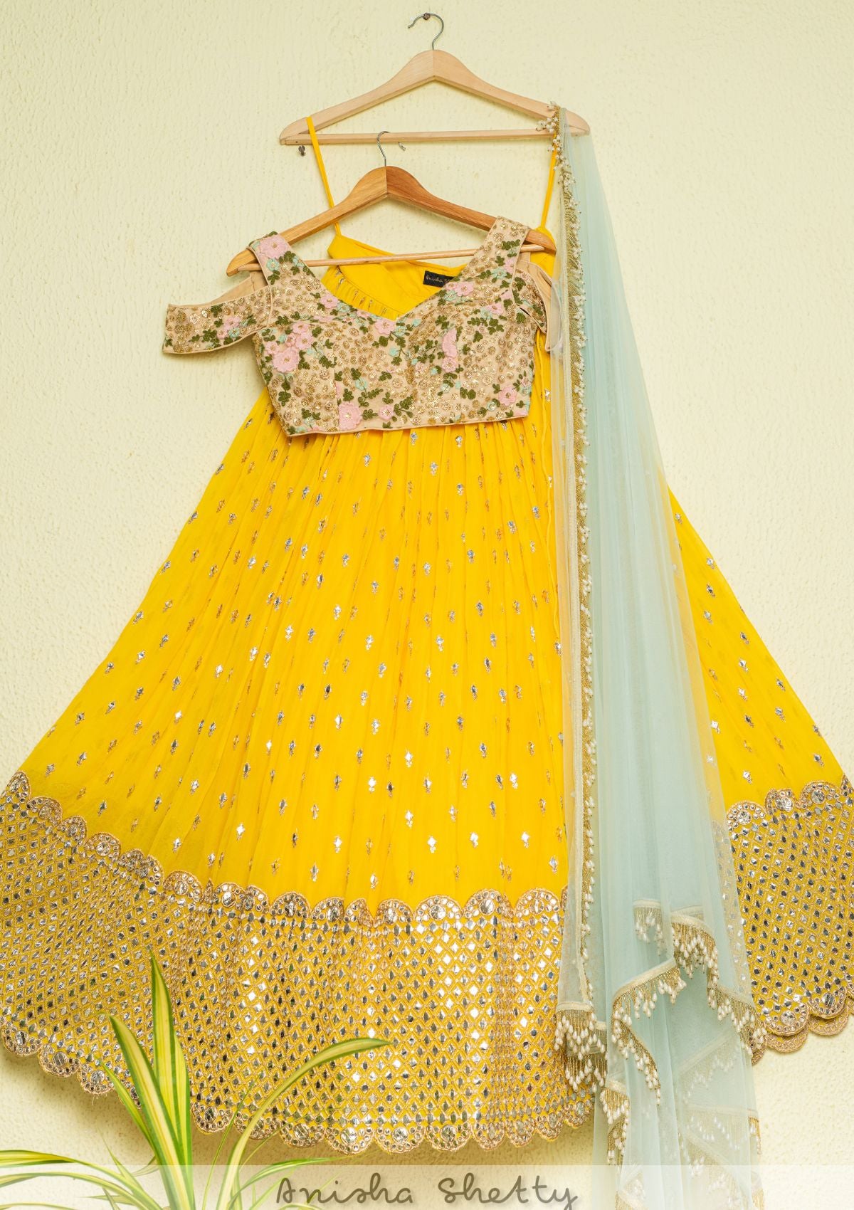 Pineapple Yellow Lehenga With Multicolor Mirrorwork Blouse & Aqua Blue Dupatta