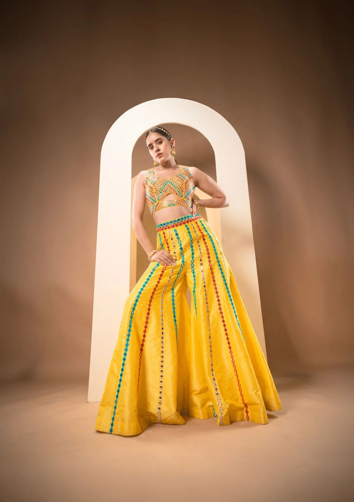 Sunshine Yellow Multicolor Thread & Mirrorwork Sharara Set