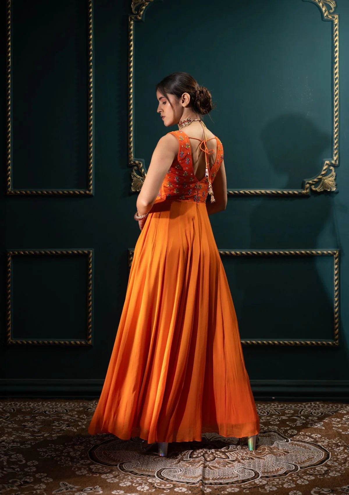 Orange Anarkali with Multicolor Work