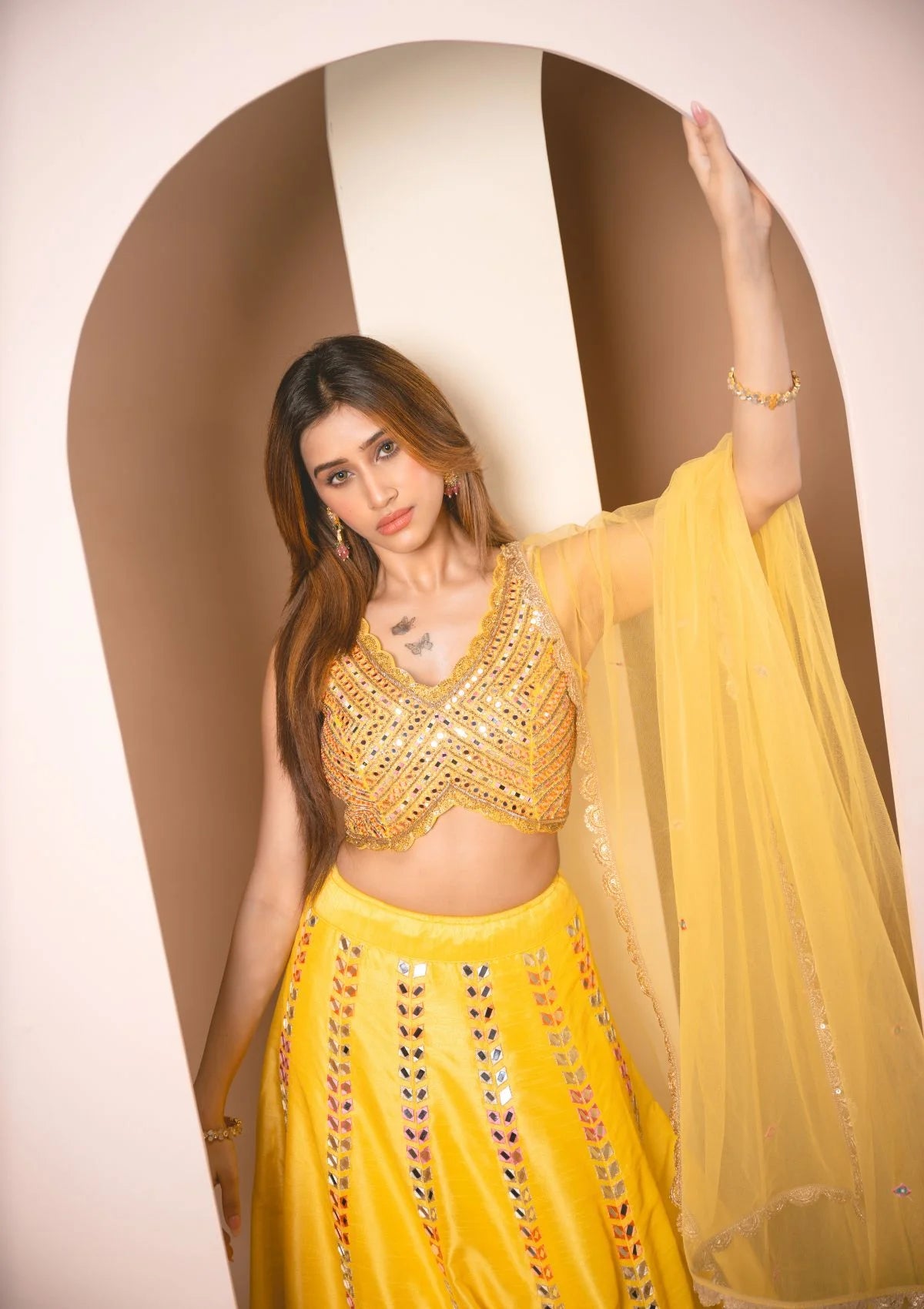 Sunflower Yellow Colored Mirrorwork Lehenga Set