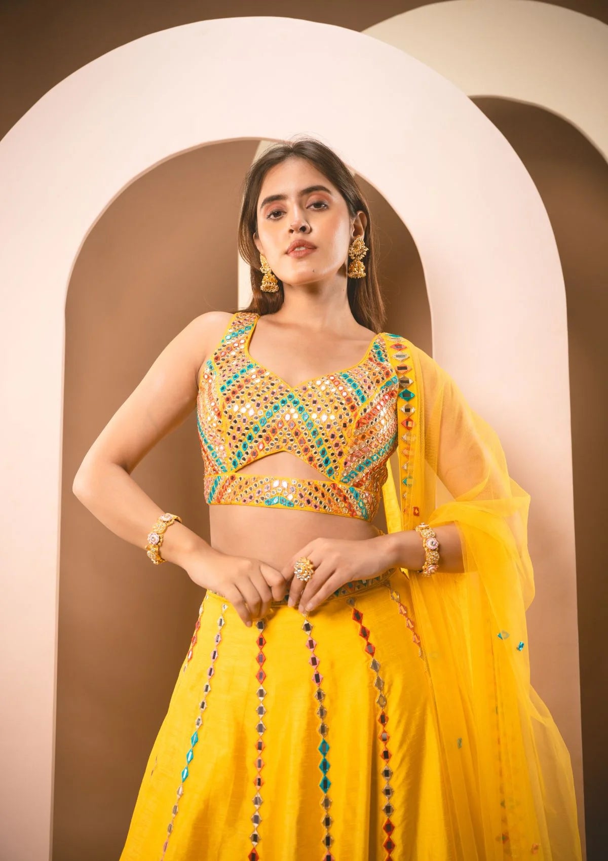 Sunshine Yellow Multicolor Thread & Mirrorwork Lehenga Set