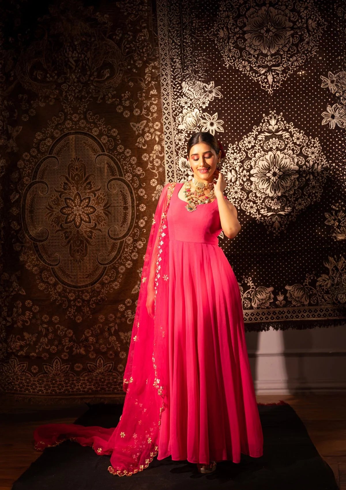 Raspberry Pink Anarkali with Scallop Gota & Mirrorwork Dupatta