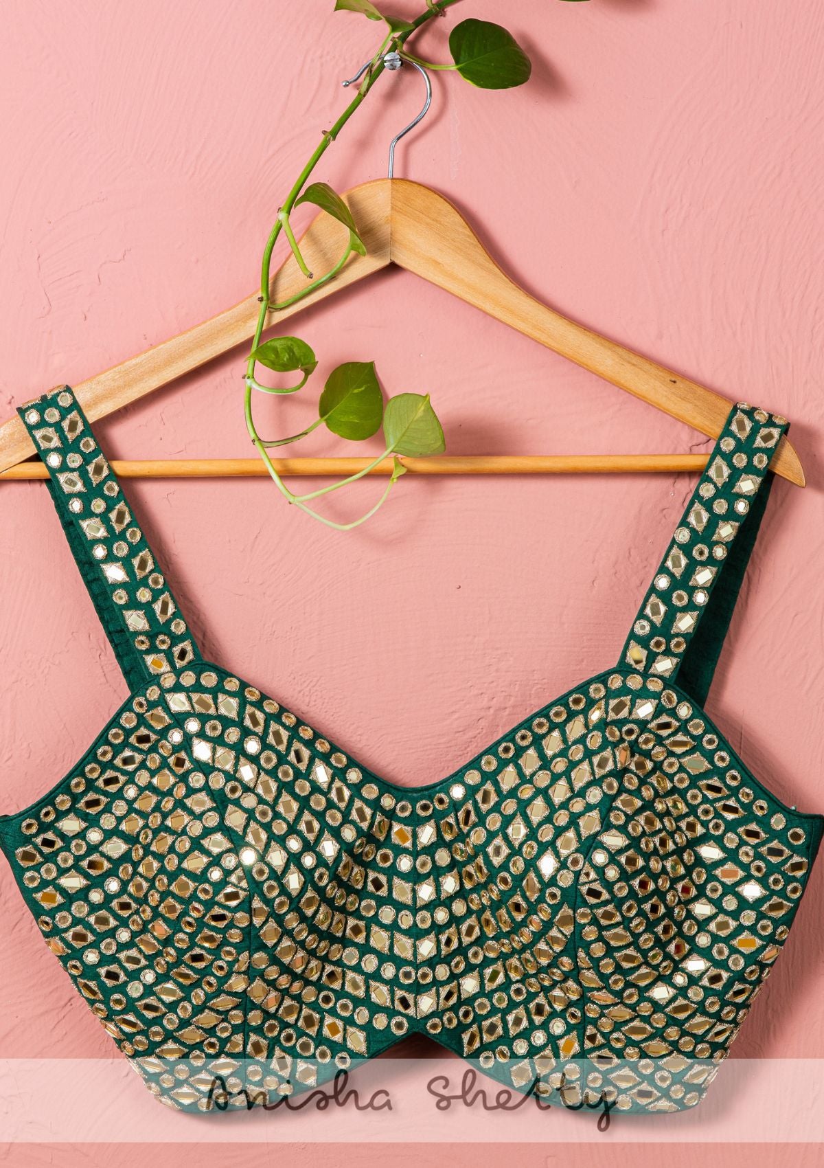 Forest Green Mirror Blouse With Plain Lehenga & Dupatta