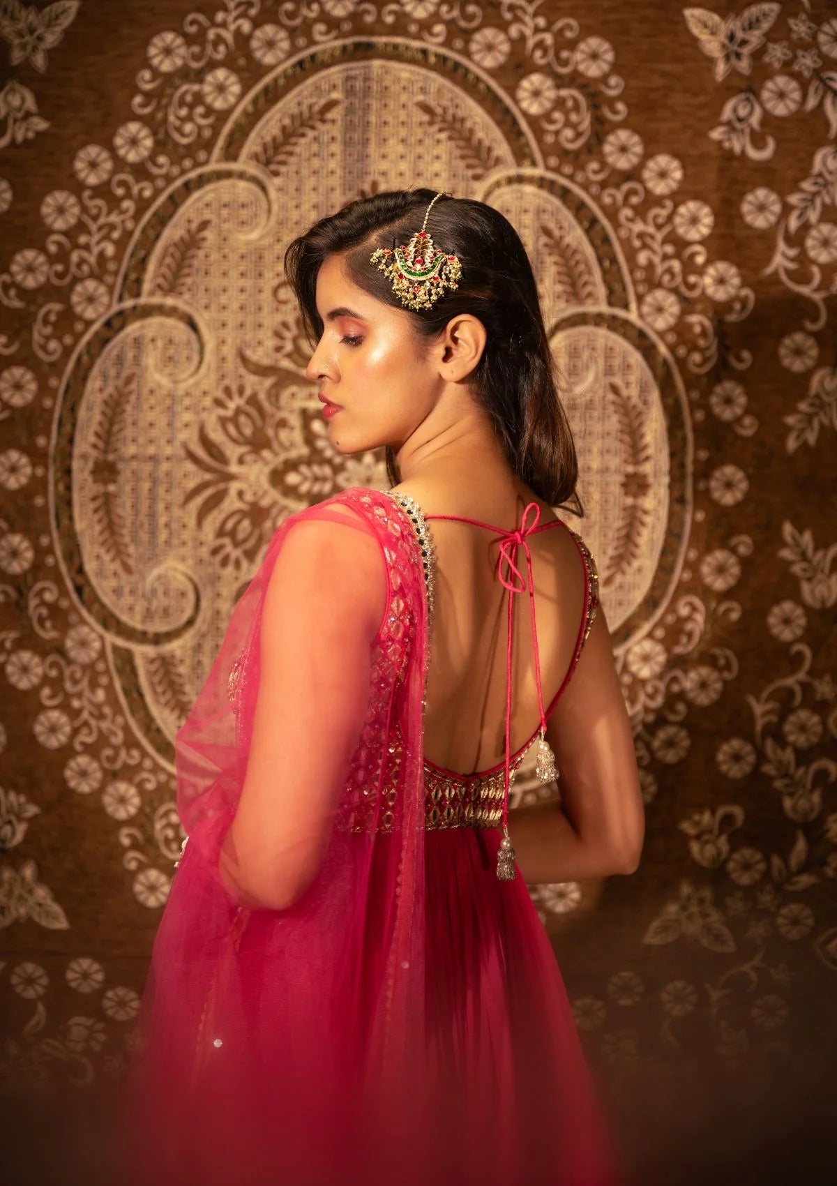 Raspberry Pink Mirrorwork Anarkali with Mirrorwork Dupatta