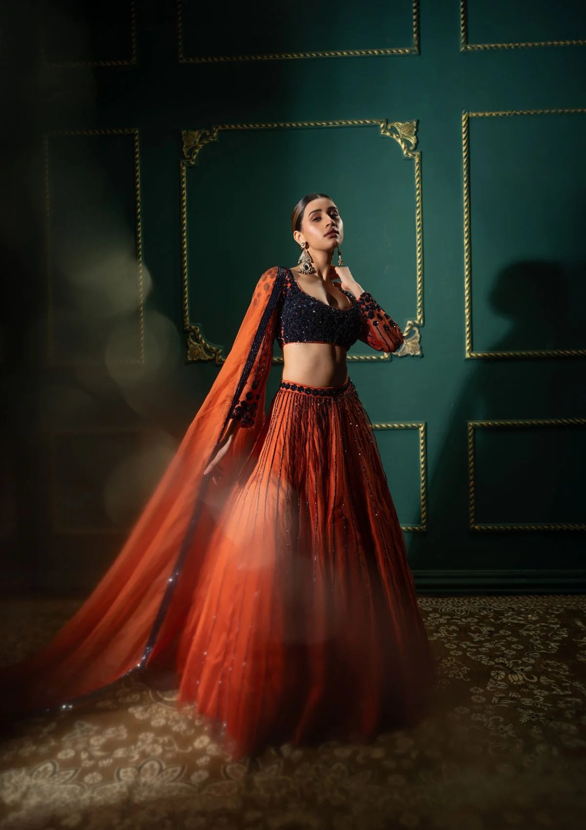 Rust Orange Sequin Lehenga Set