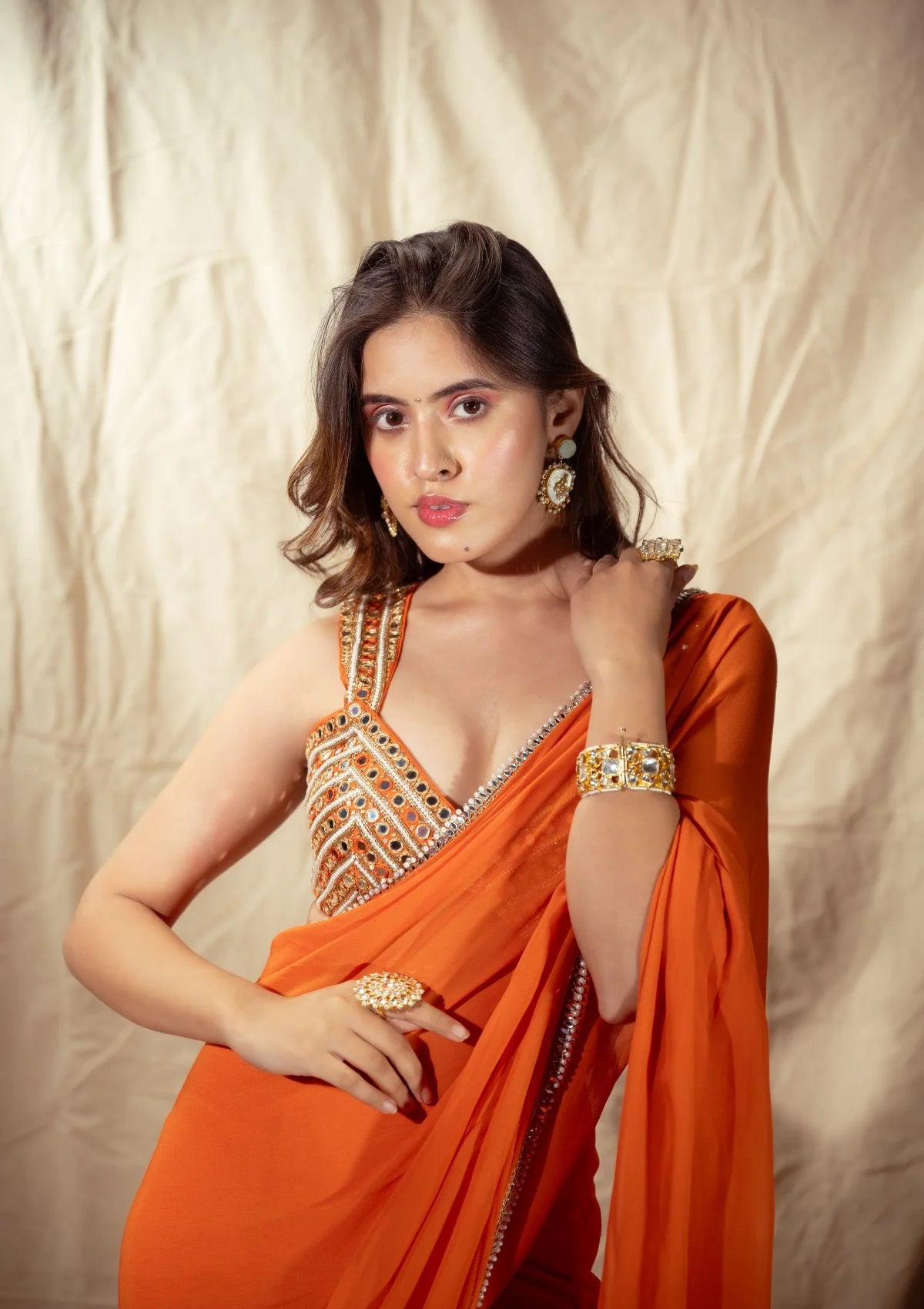 Orange Prestitched Saree
