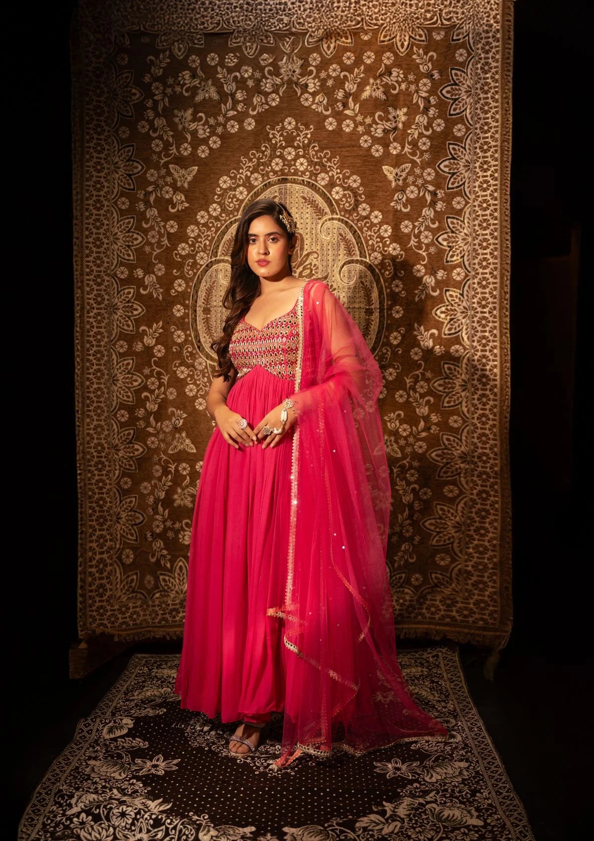 Raspberry Pink Mirrorwork Anarkali with Mirrorwork Dupatta