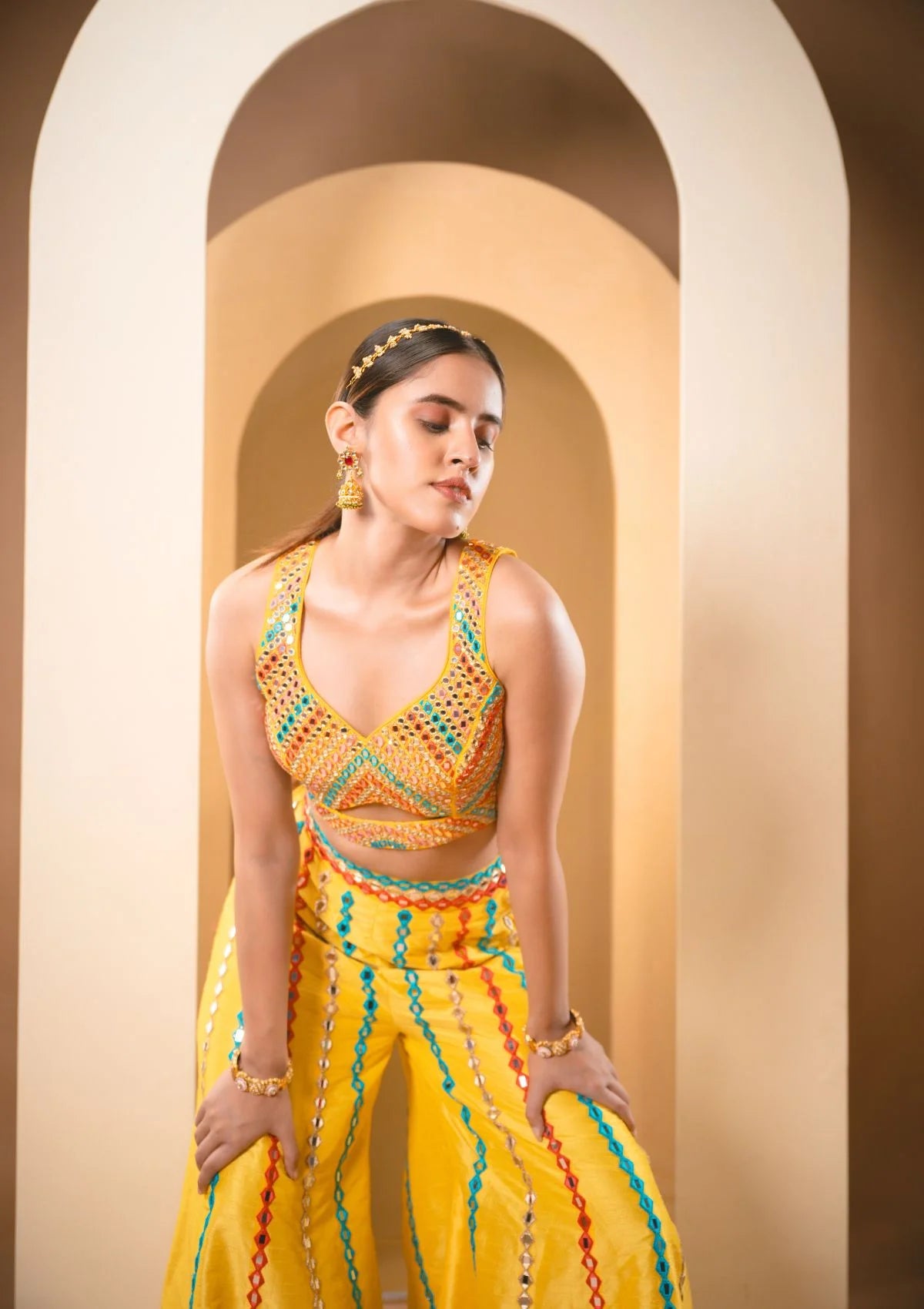 Sunshine Yellow Multicolor Thread & Mirrorwork Sharara Set
