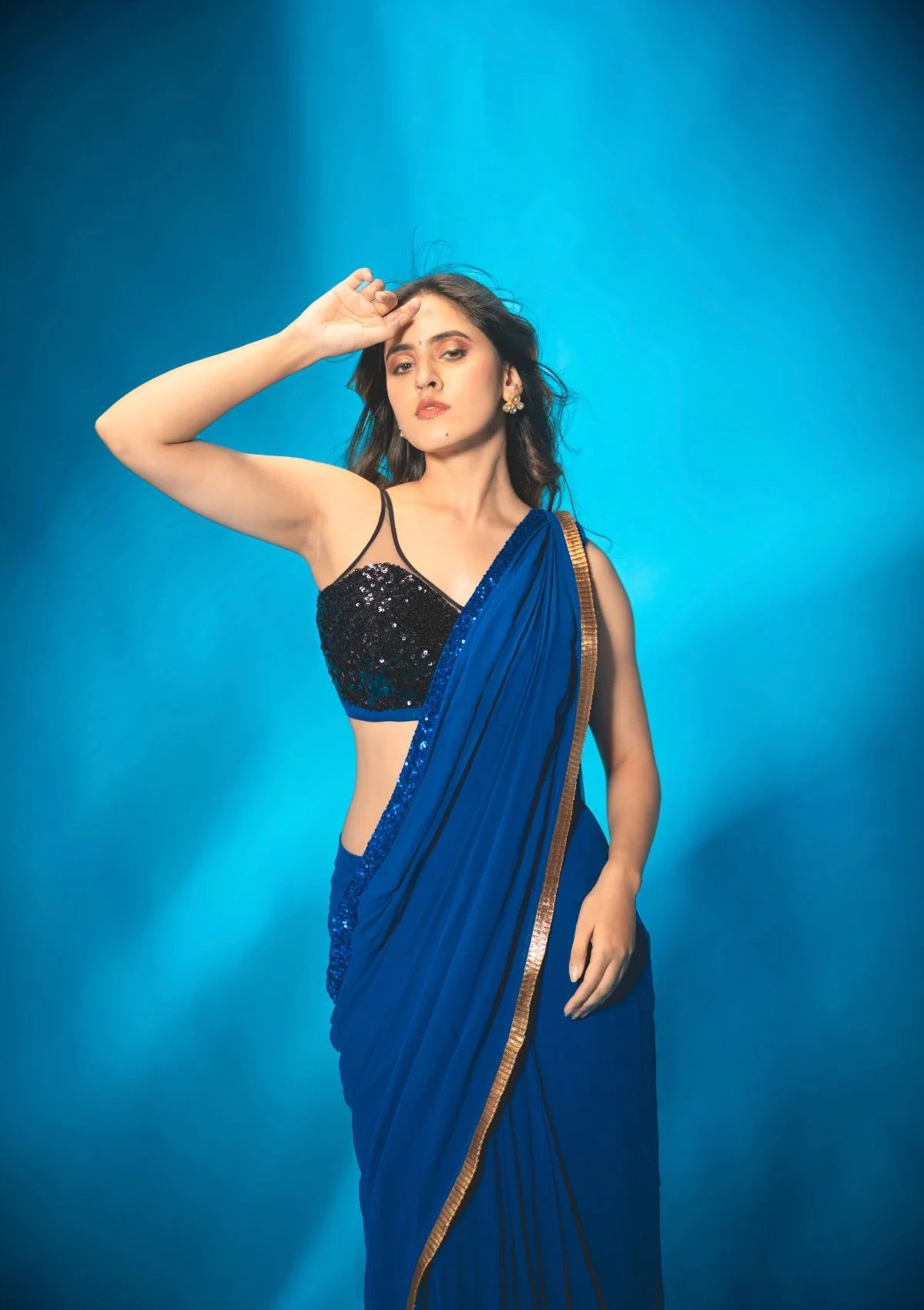 Blue Pre Stitched Saree with Black Sequin Blouse