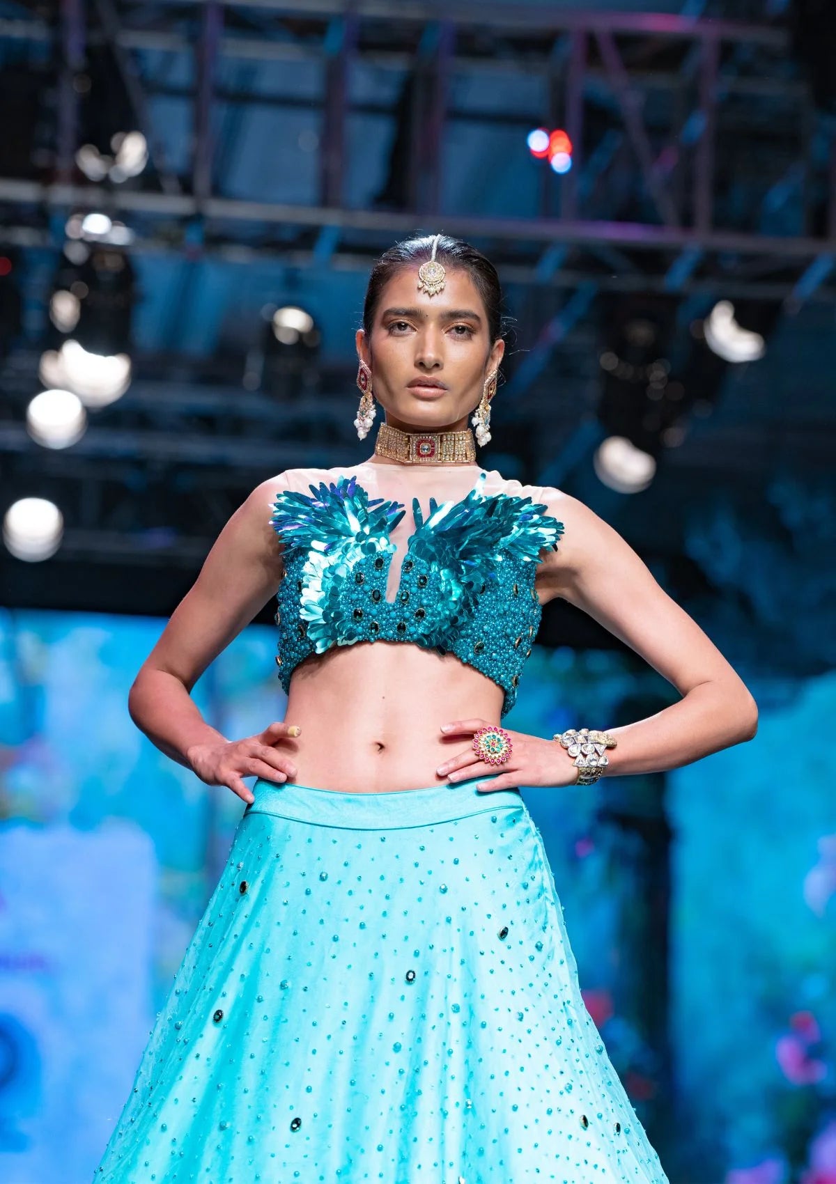 The Dawn Lehenga And Metalic Feather Sequence Crop Top Set In Teal Blue