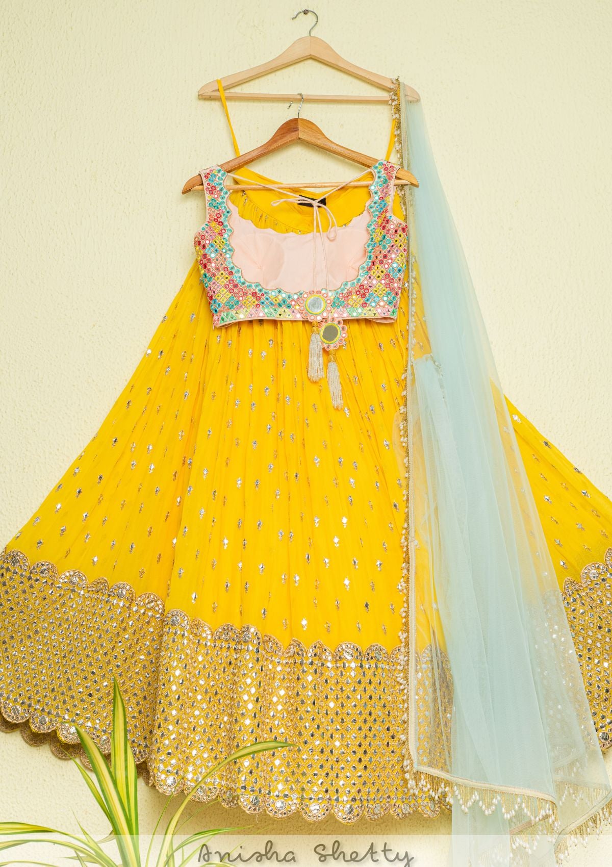 Pineapple Yellow Lehenga With Multicolor Mirrorwork Blouse & Aqua Blue Dupatta