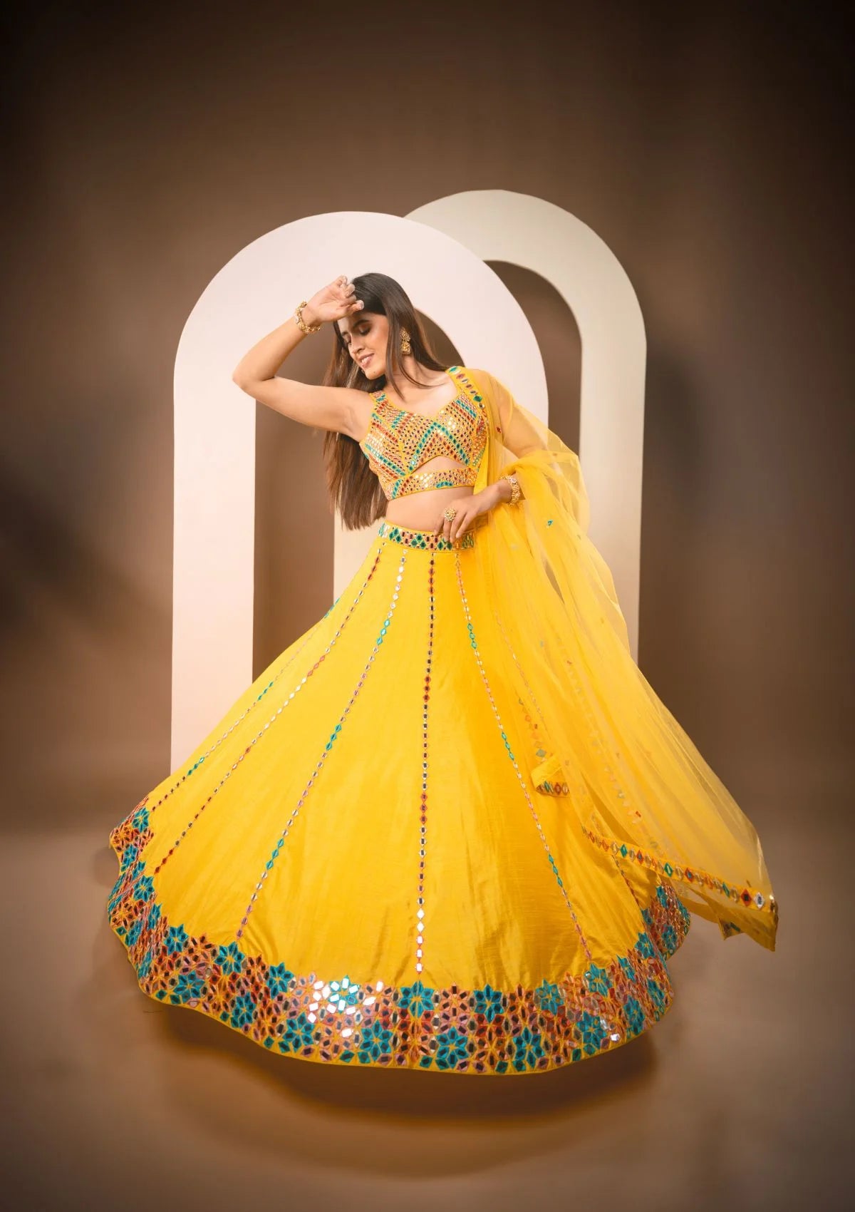 Sunshine Yellow Multicolor Thread & Mirrorwork Lehenga Set