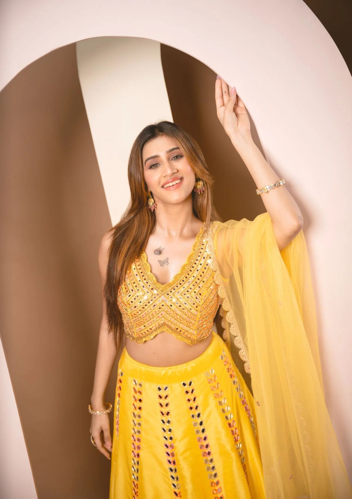 Sunflower Yellow Colored Mirrorwork Lehenga Set