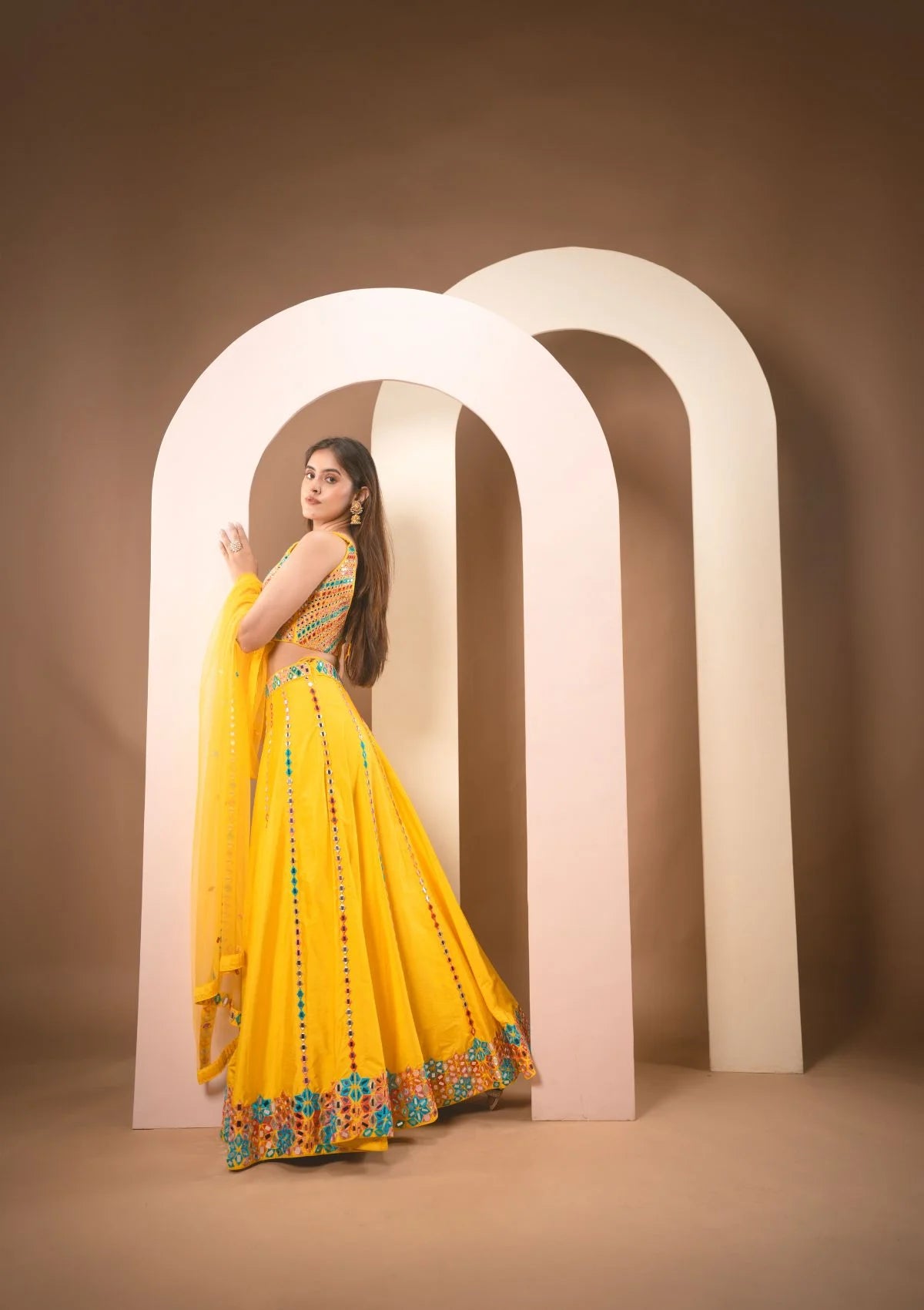 Sunshine Yellow Multicolor Thread & Mirrorwork Lehenga Set