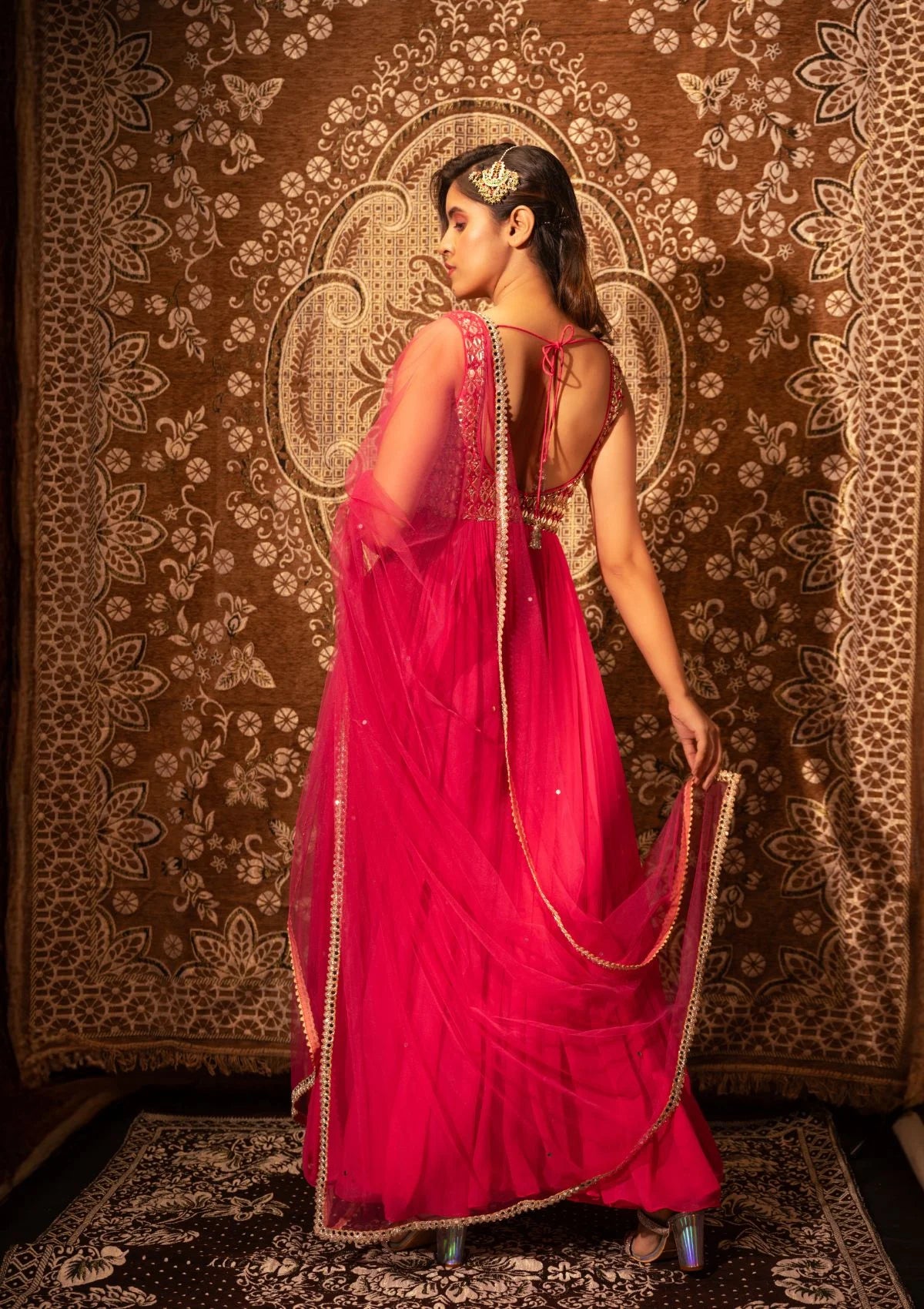 Raspberry Pink Mirrorwork Anarkali with Mirrorwork Dupatta