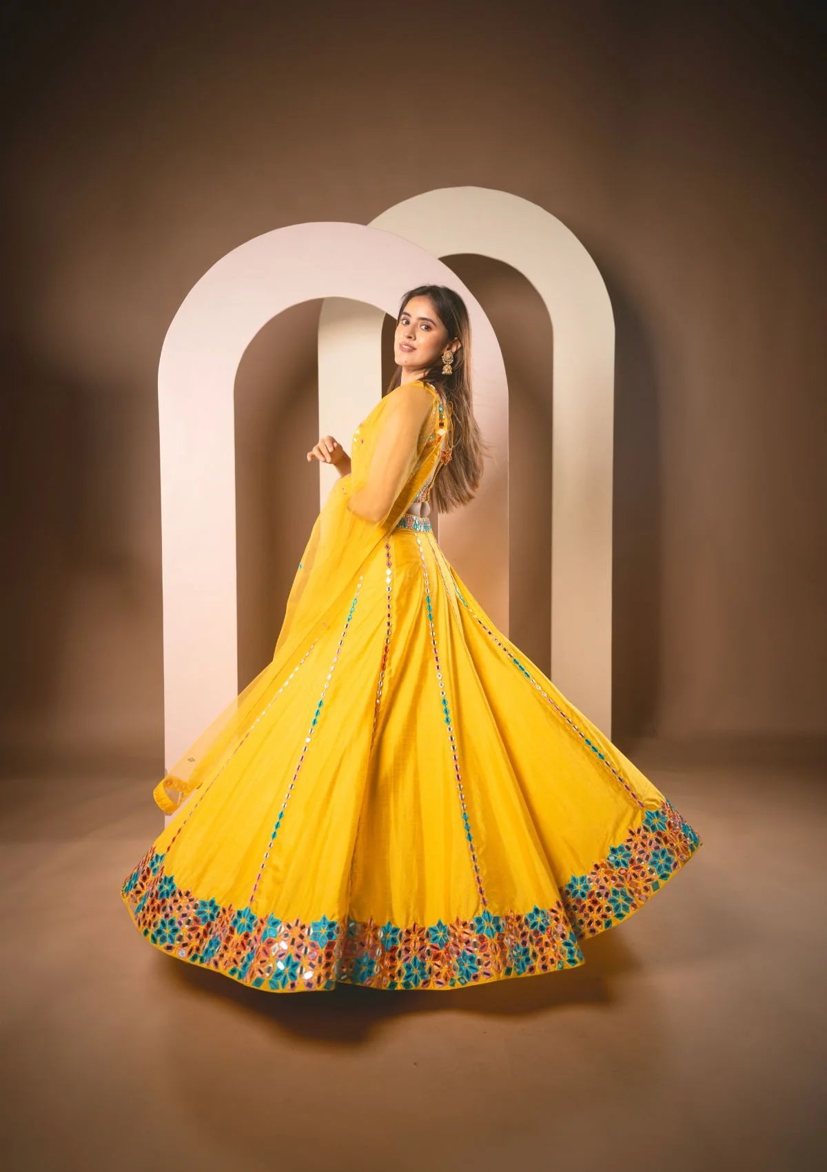 Sunshine Yellow Multicolor Thread & Mirrorwork Lehenga Set