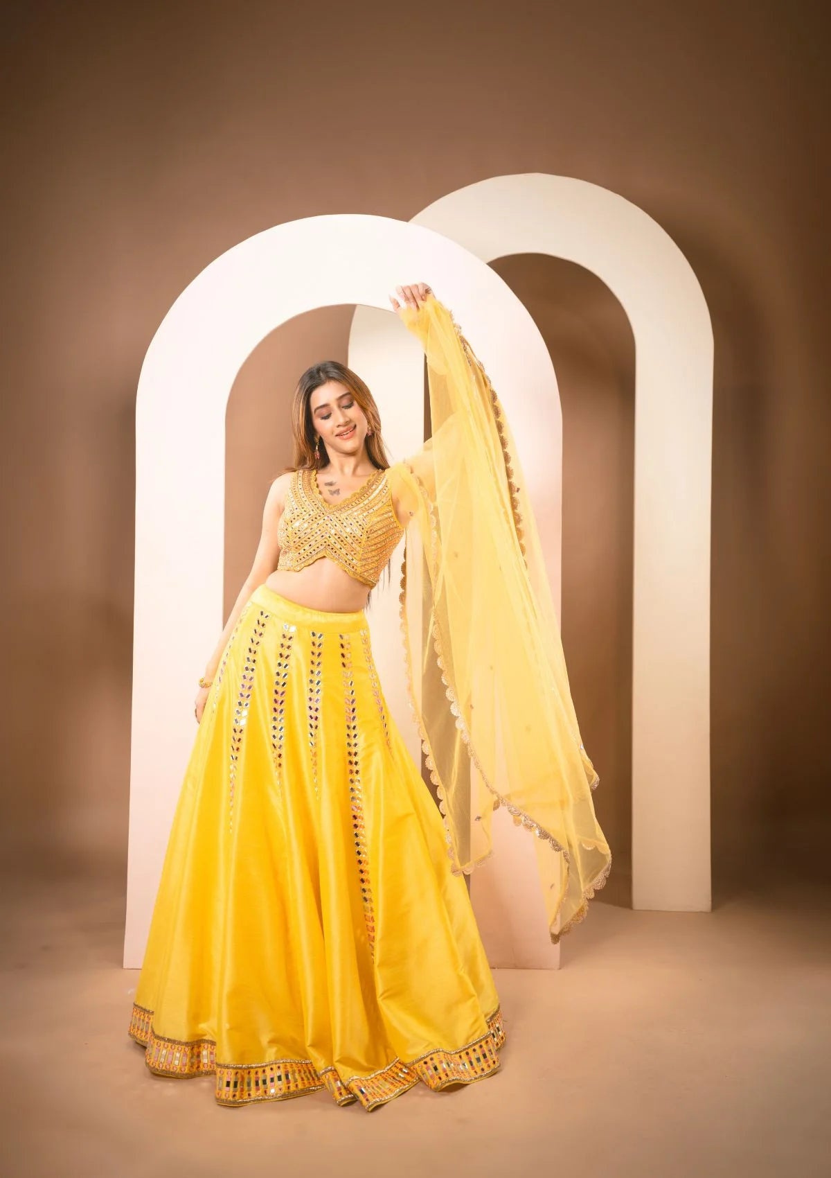 Sunflower Yellow Colored Mirrorwork Lehenga Set