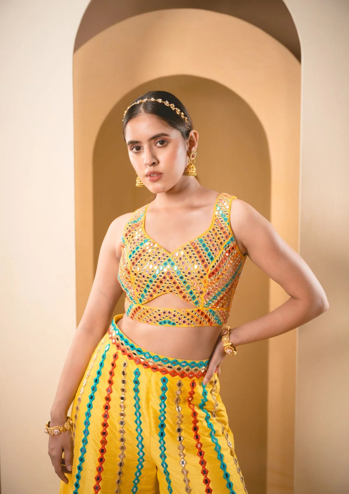 Sunshine Yellow Multicolor Thread & Mirrorwork Sharara Set