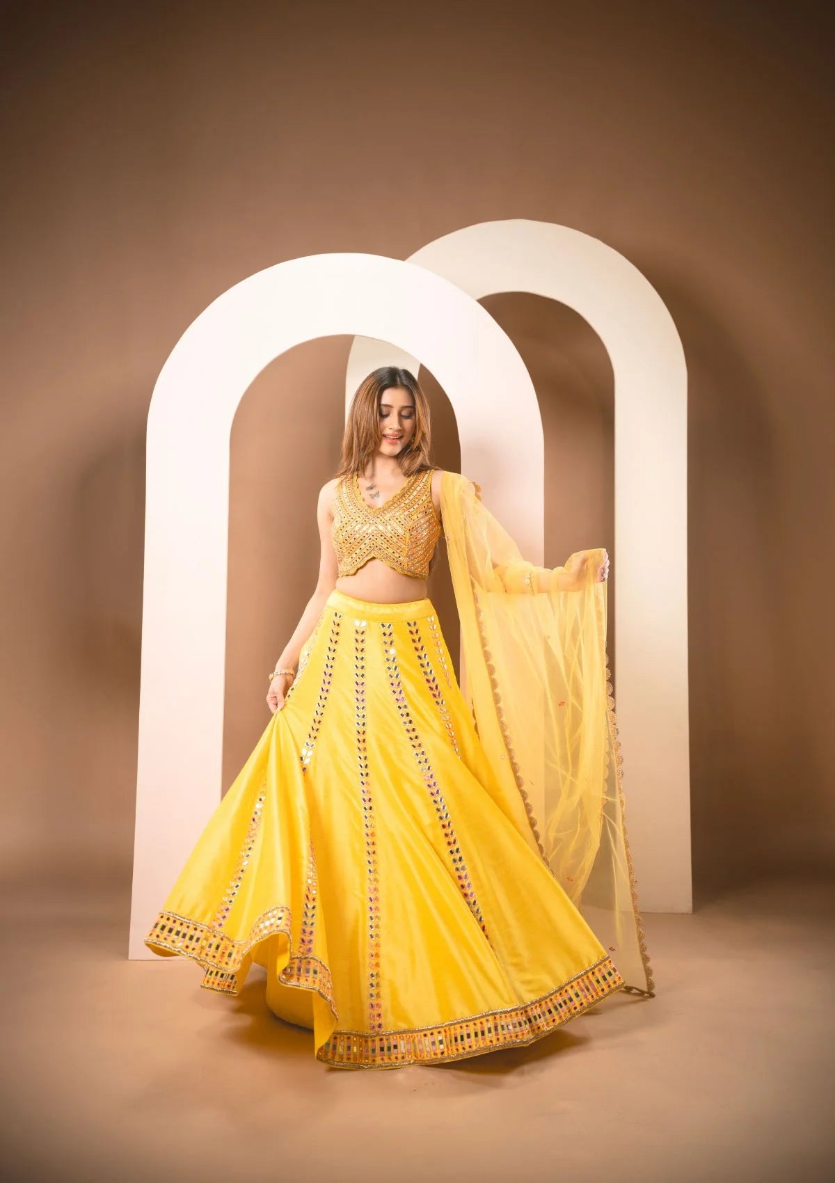 Sunflower Yellow Colored Mirrorwork Lehenga Set